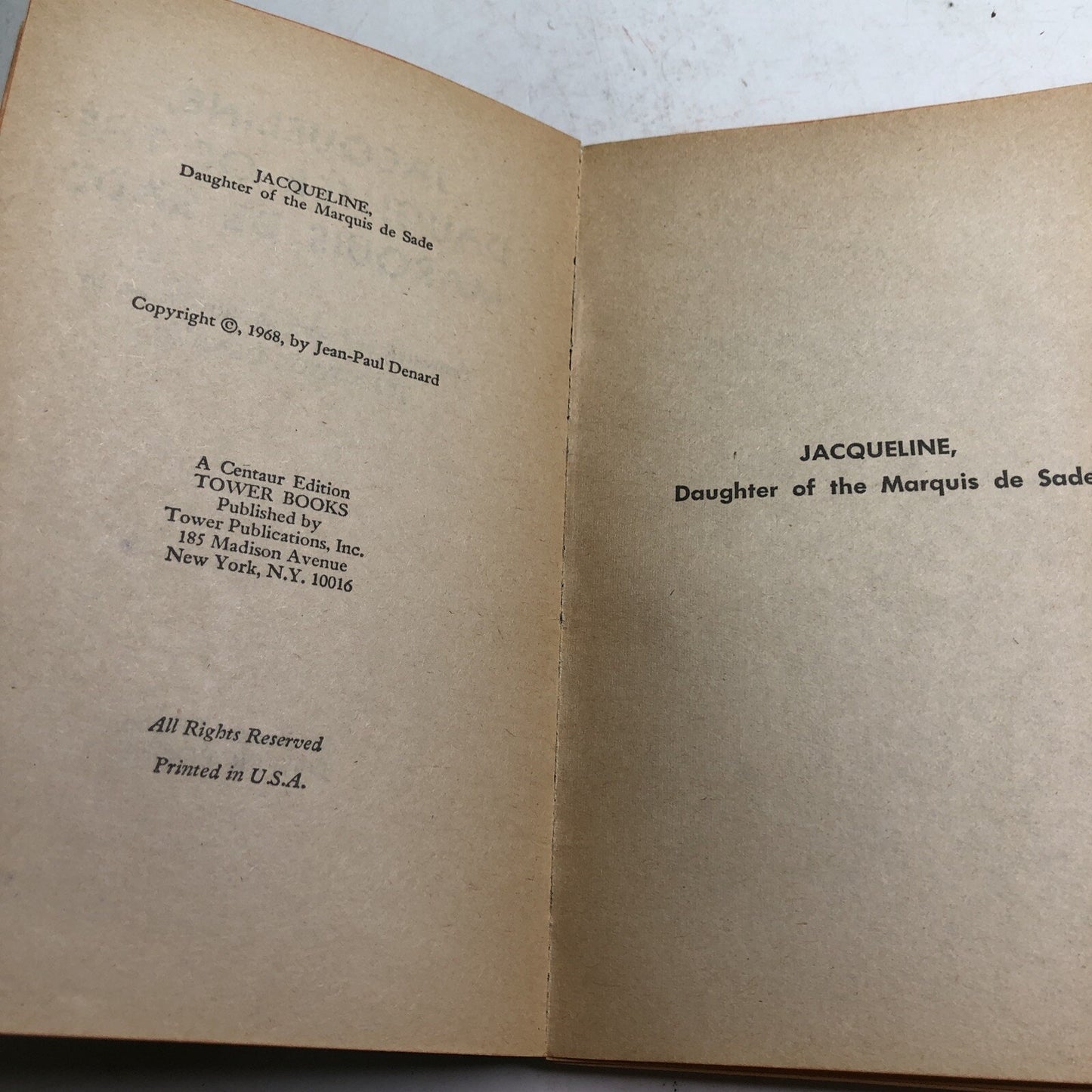 Jacqueline, Daughter of the Marquis de Sade 1968 PB by Jean-Paul Denard