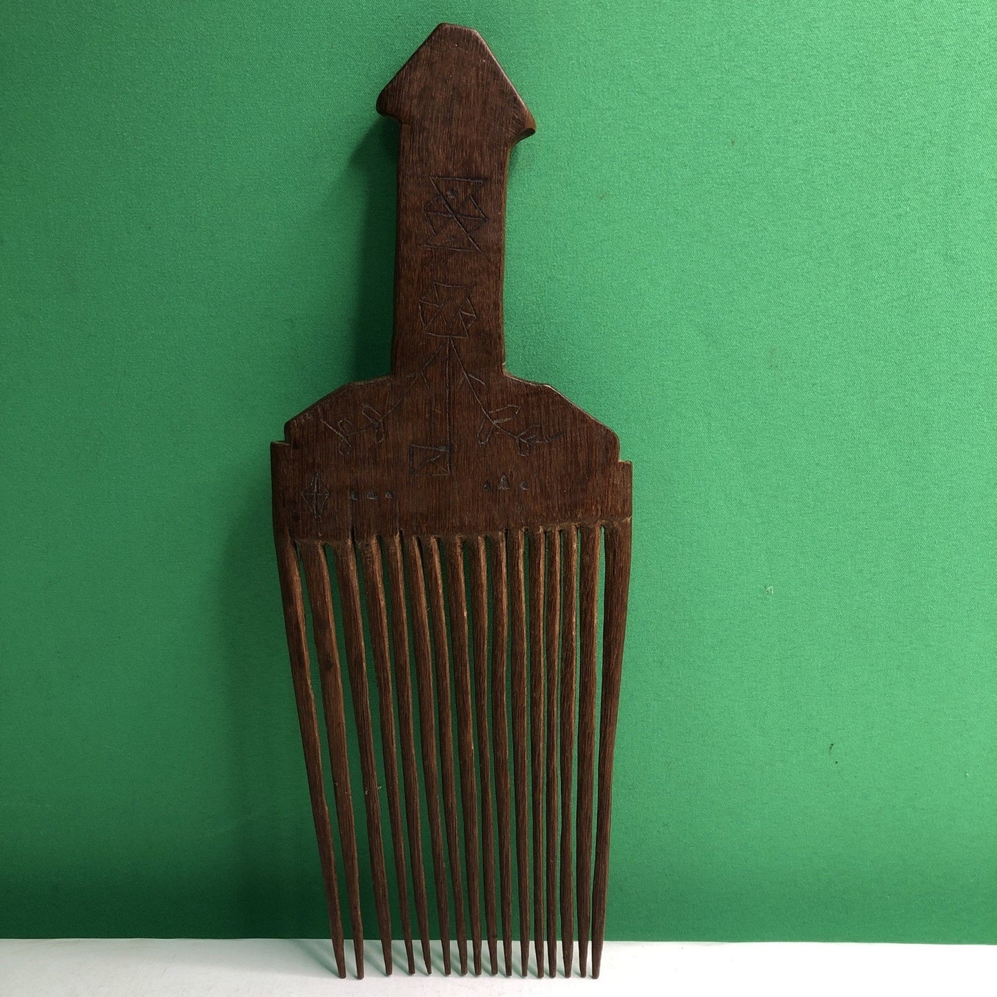African Baule Tribe Wood Hair Pick Comb Hand Carved 10.25”