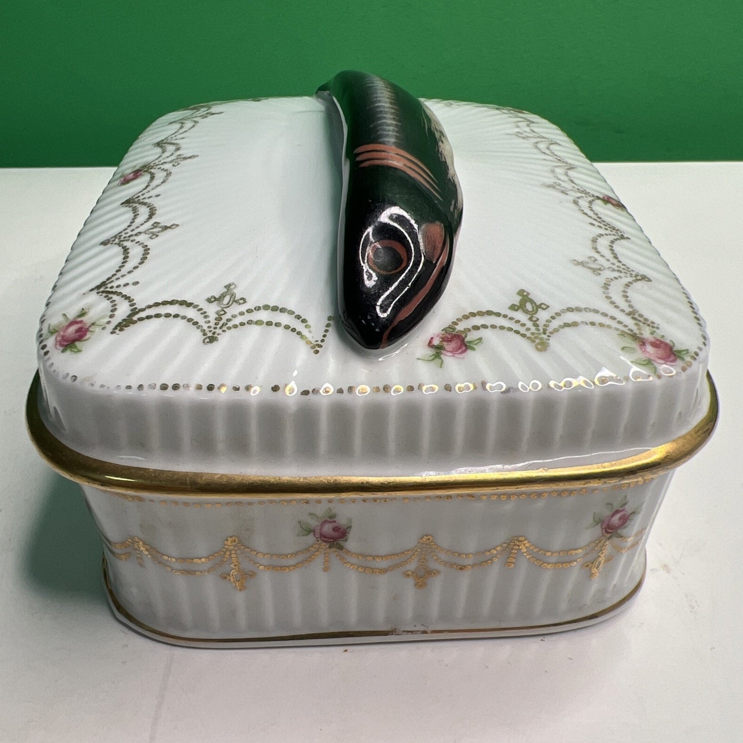 Antique Victoria Austria Covered Sardines China Dish 5” x 4” Figural Fish Handle