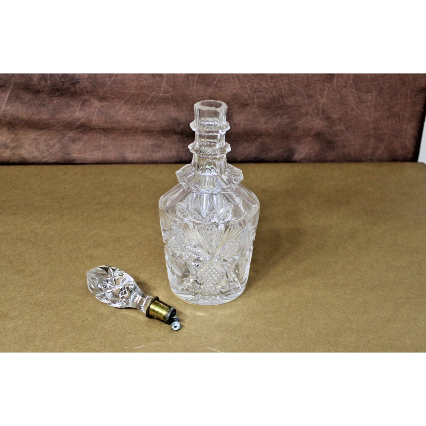 Vintage Lead Crystal Decanter Starburst Etched 12.5” H With Brass Bell Stopper