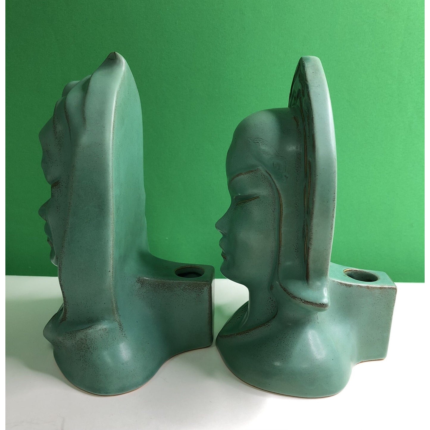 Roseville Burmese 1950 Art Pottery Male Female Candle Holders 80B 70B Verdi Gris
