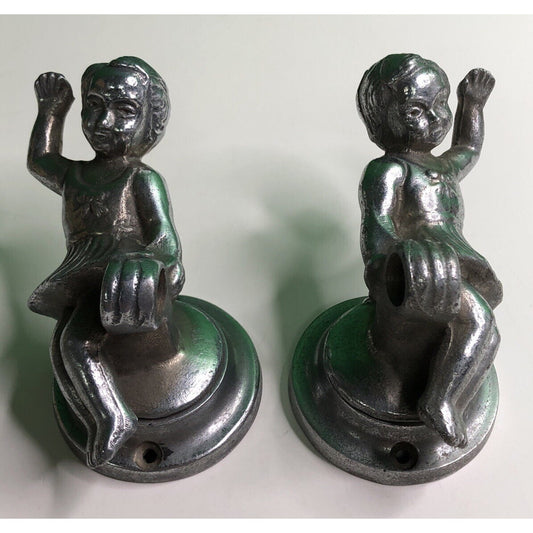 PAIR of Antique Cast Aluminum GIRLS Wall Mount TOWEL ROD HOLDER Kitchen Bath