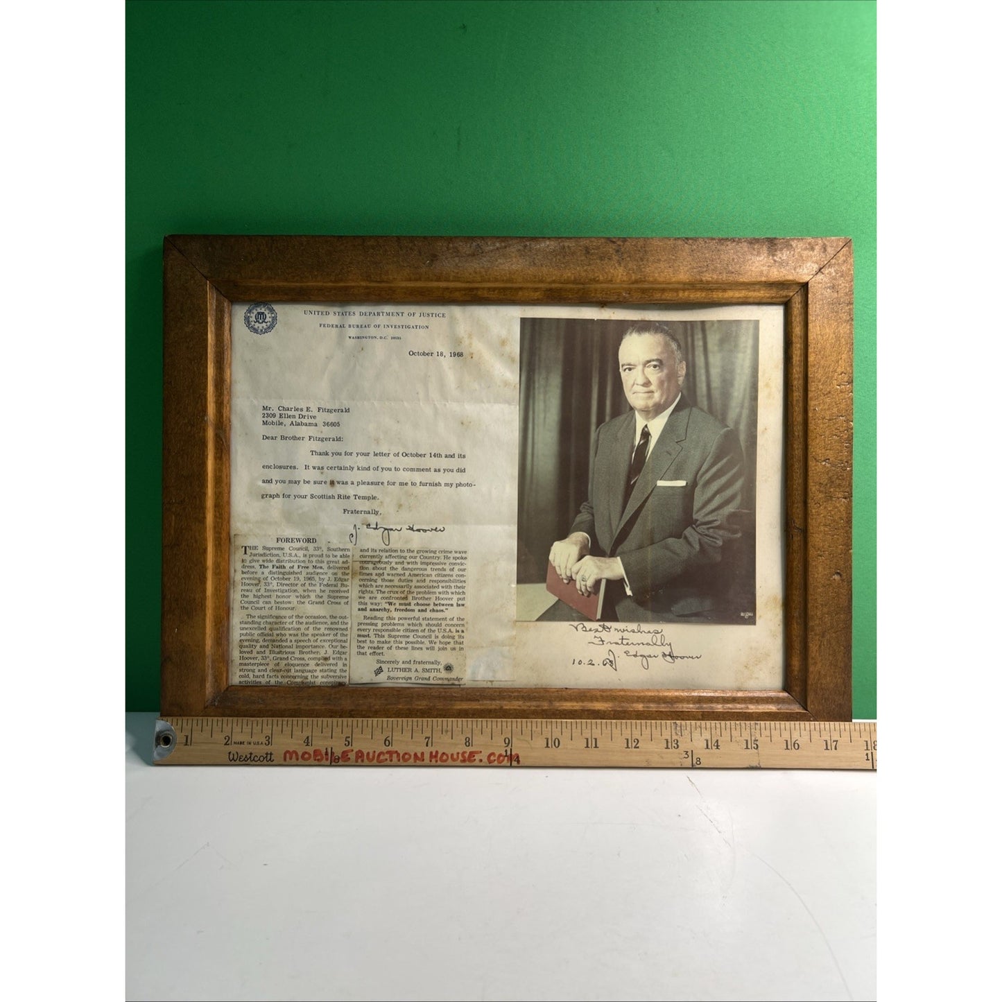 1968 J Edgar Hoover Autographed Photo FBI Director Scottish Rite Mobile Alabama