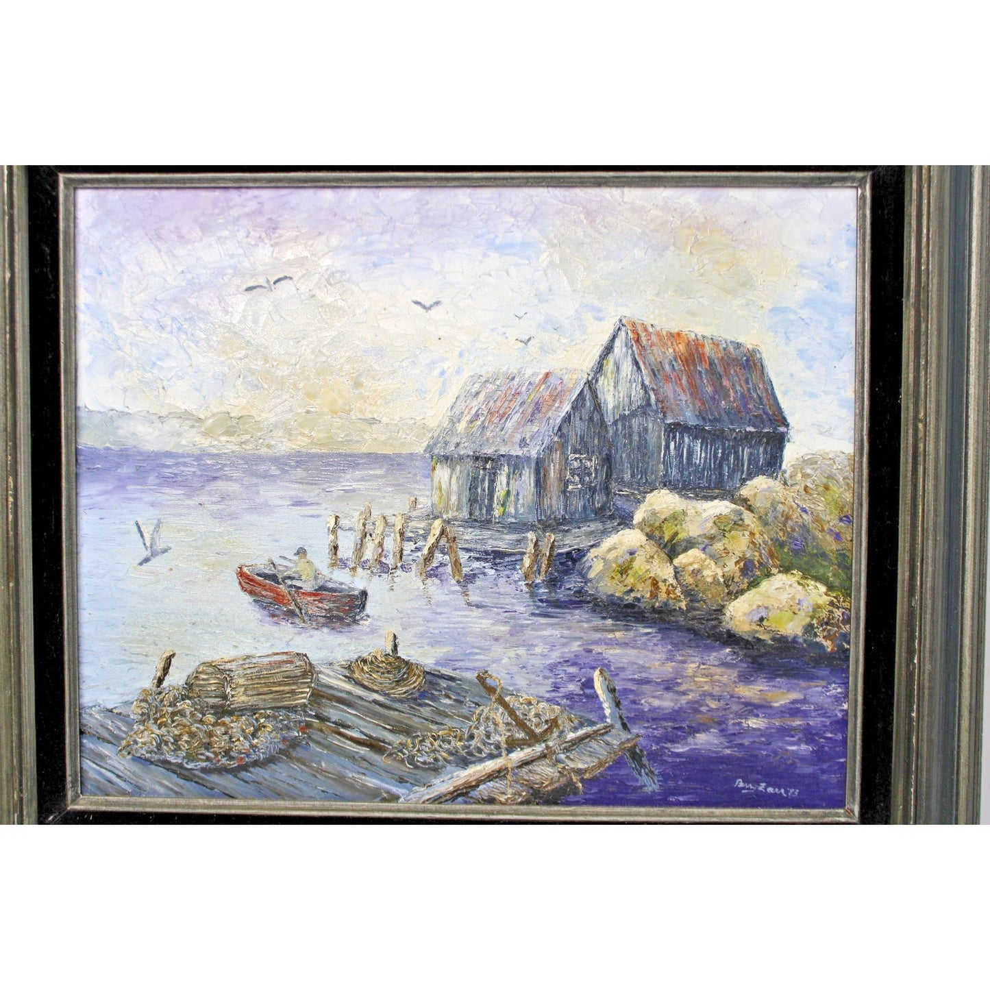 Seaside Oil Painting, Heavy Impasto, Painterly Coastal Scene, Framed 23"x27"