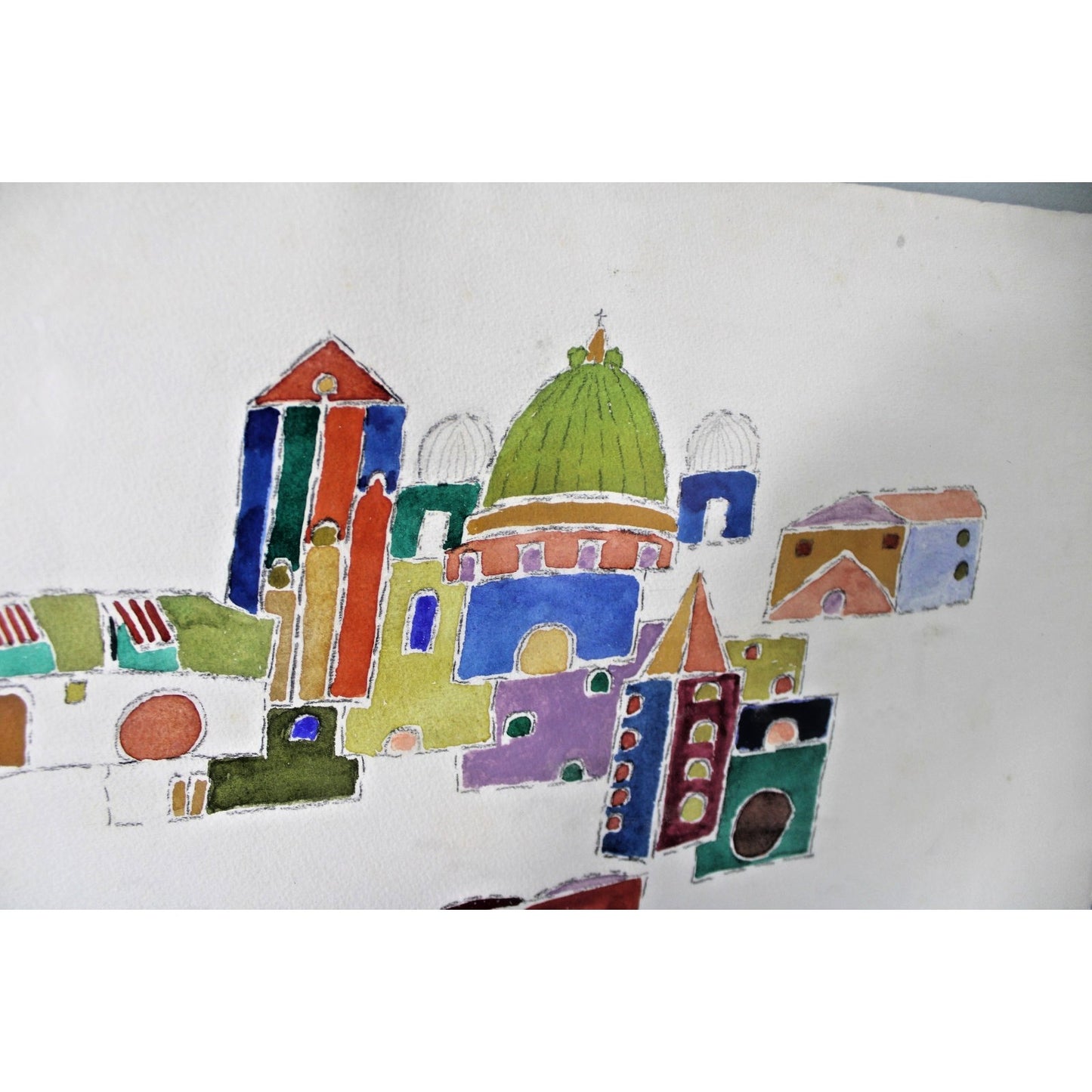 Large Primitive Watercolor "Village Home" by Clara Shepard, Willoughby Institute