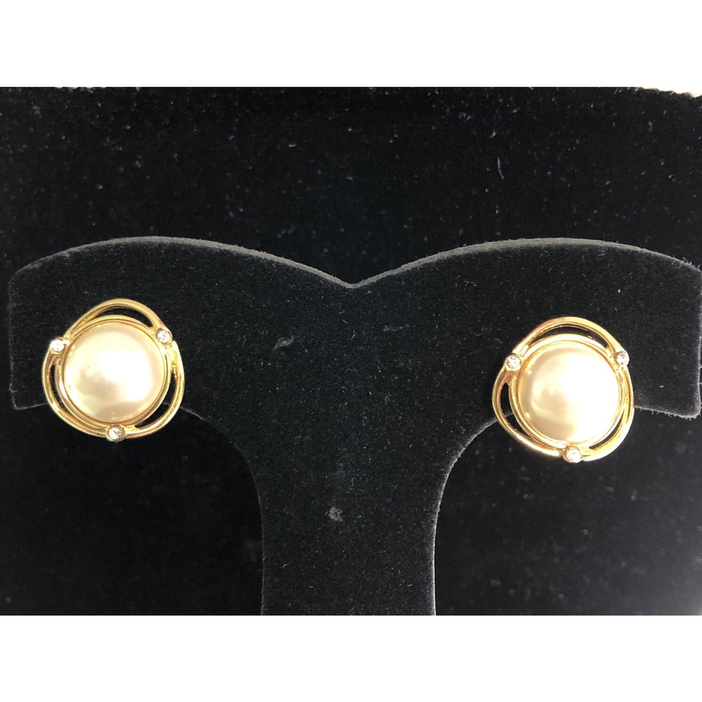 Vintage Fashion Clip On Earrings Faux Pearl Goldtone Rhinestones