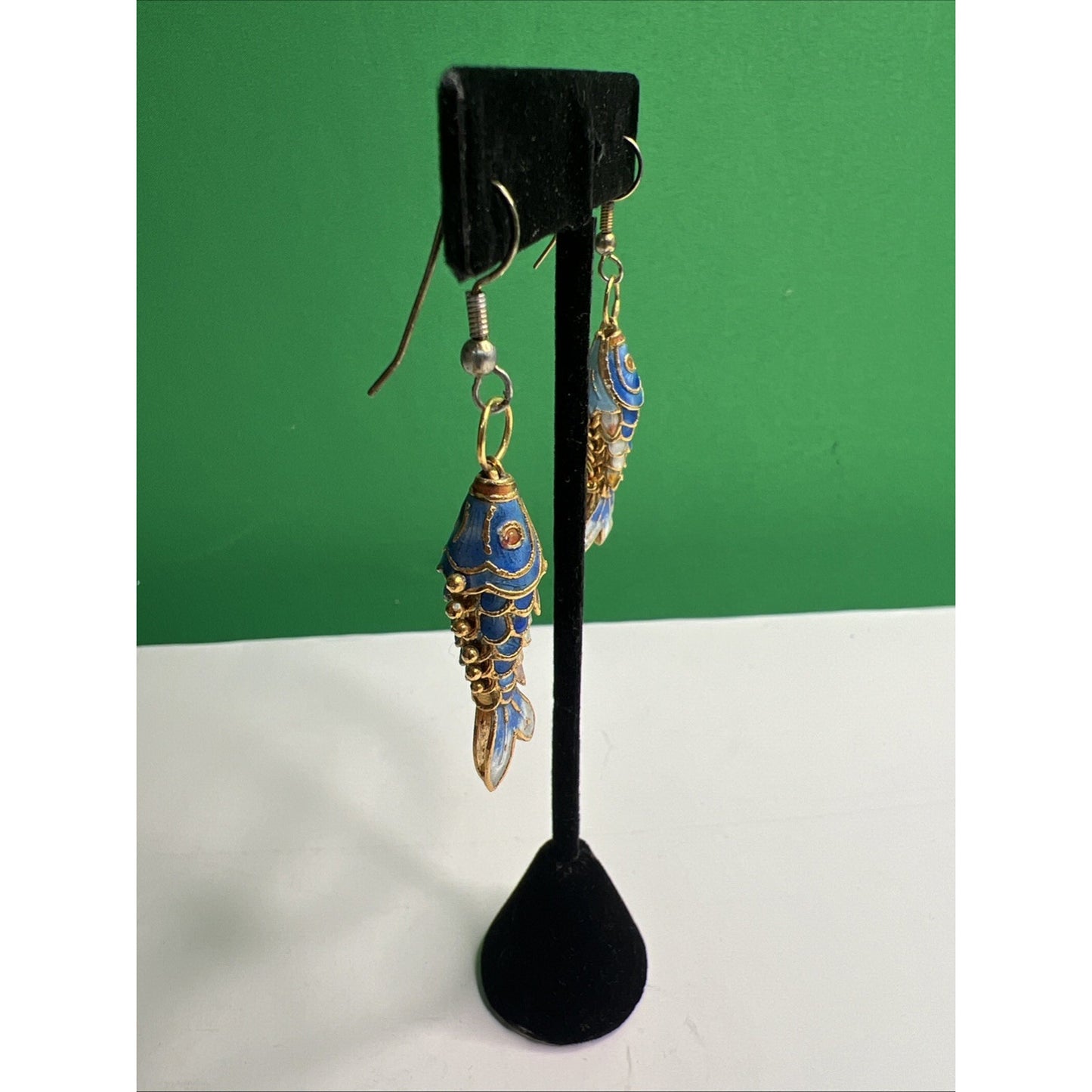 Vintage Articulated Cloisonné Guilloche Enamel Fish Earrings French Wire