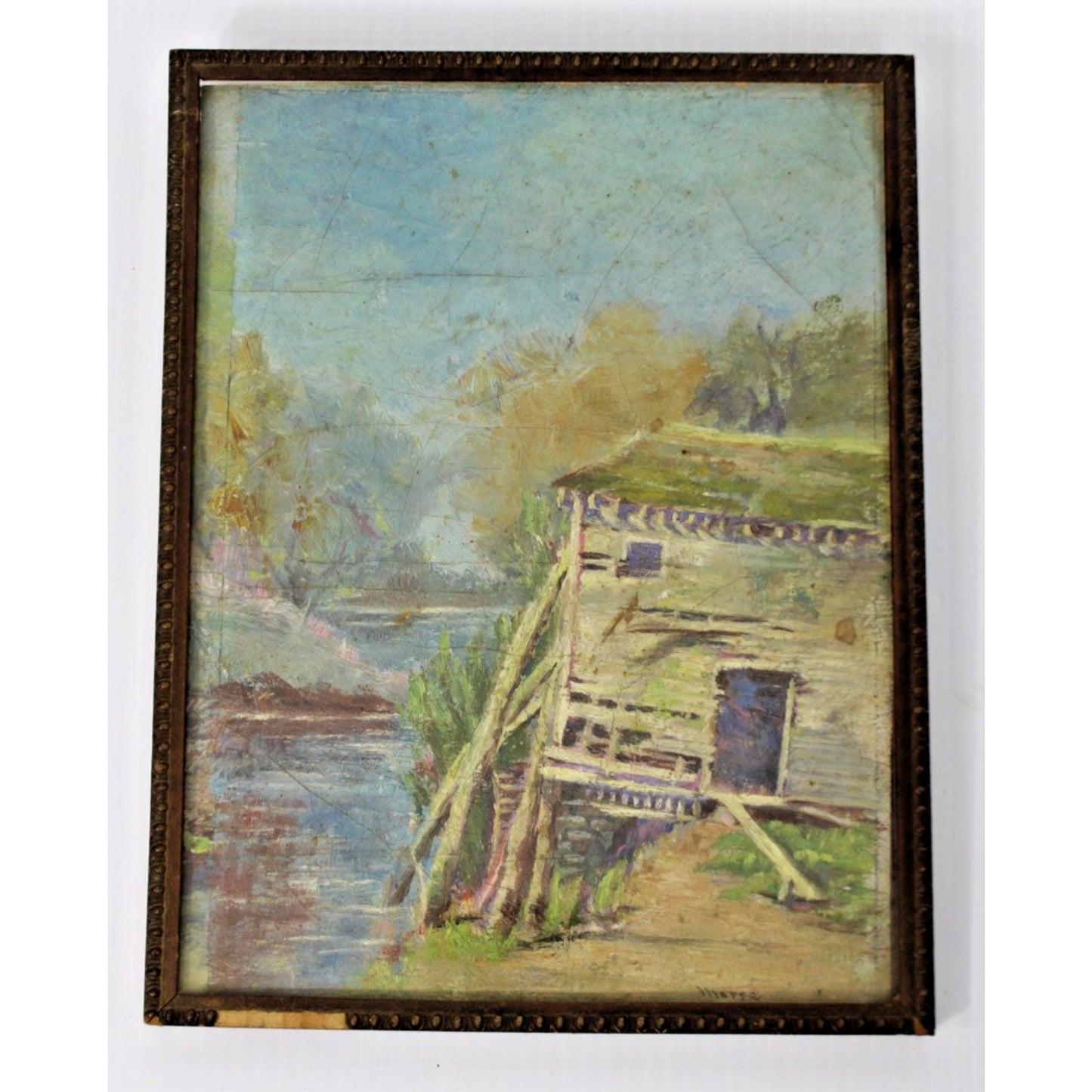 Antique Framed Coastal Scene Oil on Cardboard, Signed "Morse" -8.25" x 10.5"