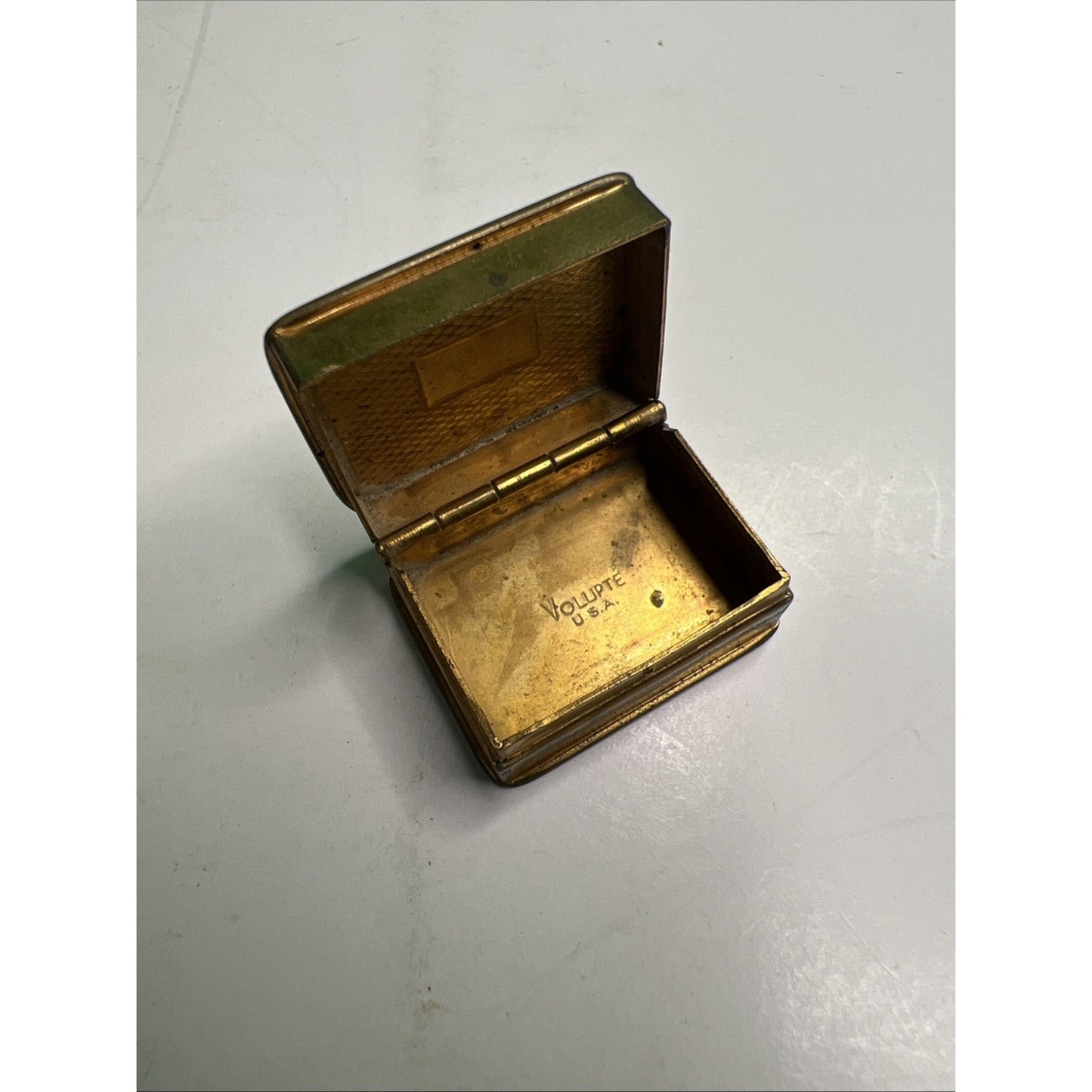 Vintage Volupte USA Perfume Little Brass Snuff Pill Box Antique Miniature