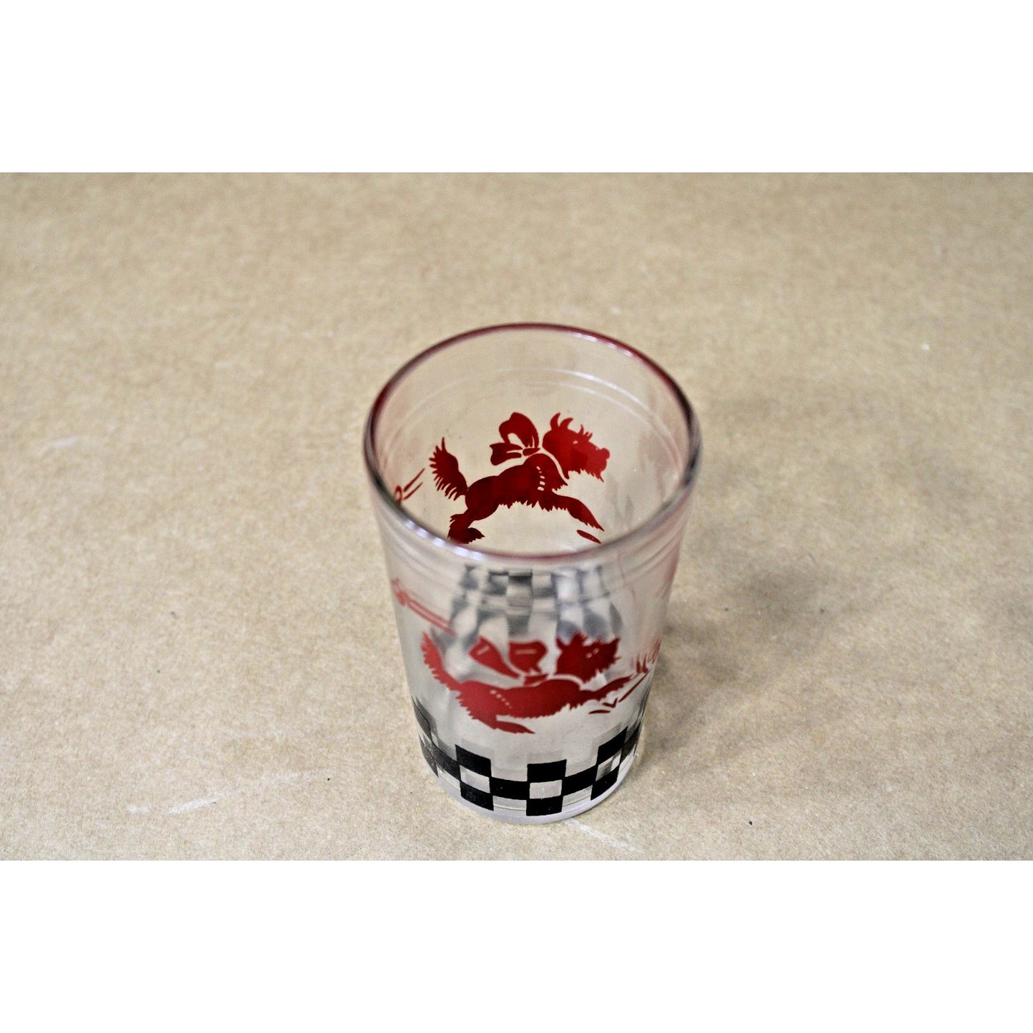 Vintage Mid Century Playful Scotty Dog Juice Glass Checkerboard Pattern 3.5"H