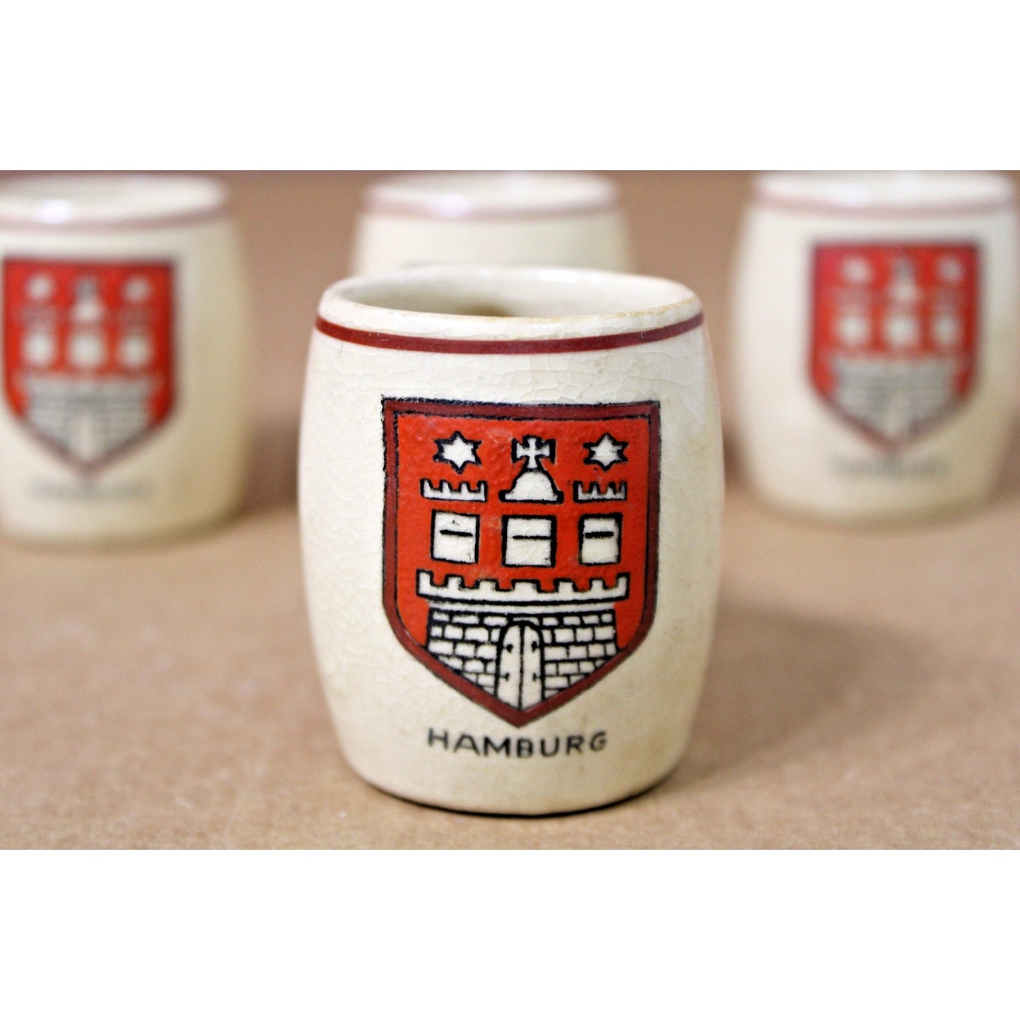 4 VTG Miniature 2"H German Beer Steins, Ceramic, Hamburg Oktoberfest, Shot Glass