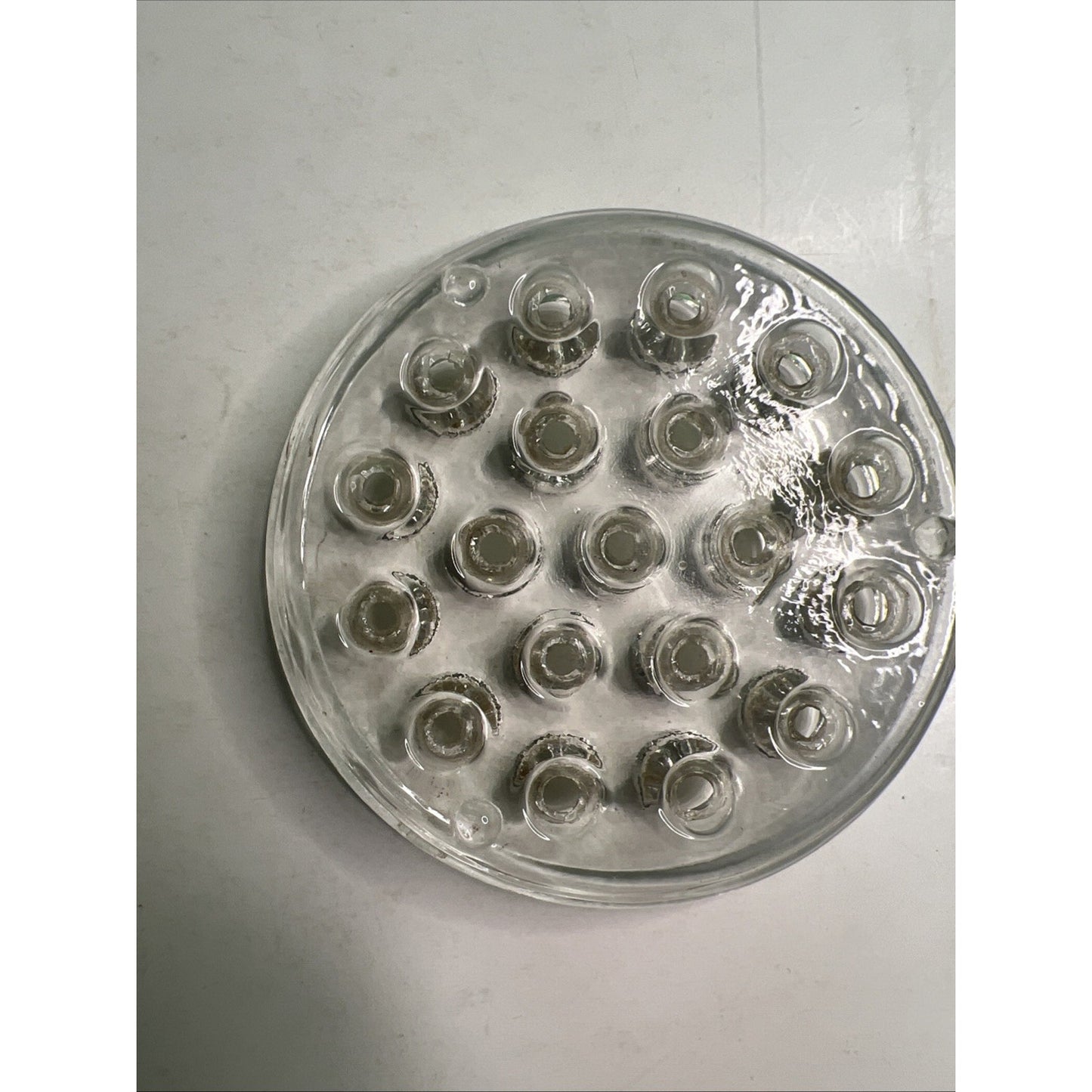 Vtg Clear Glass Flower Frog 19 Hole 5 In Heavy Round Floral Arranger
