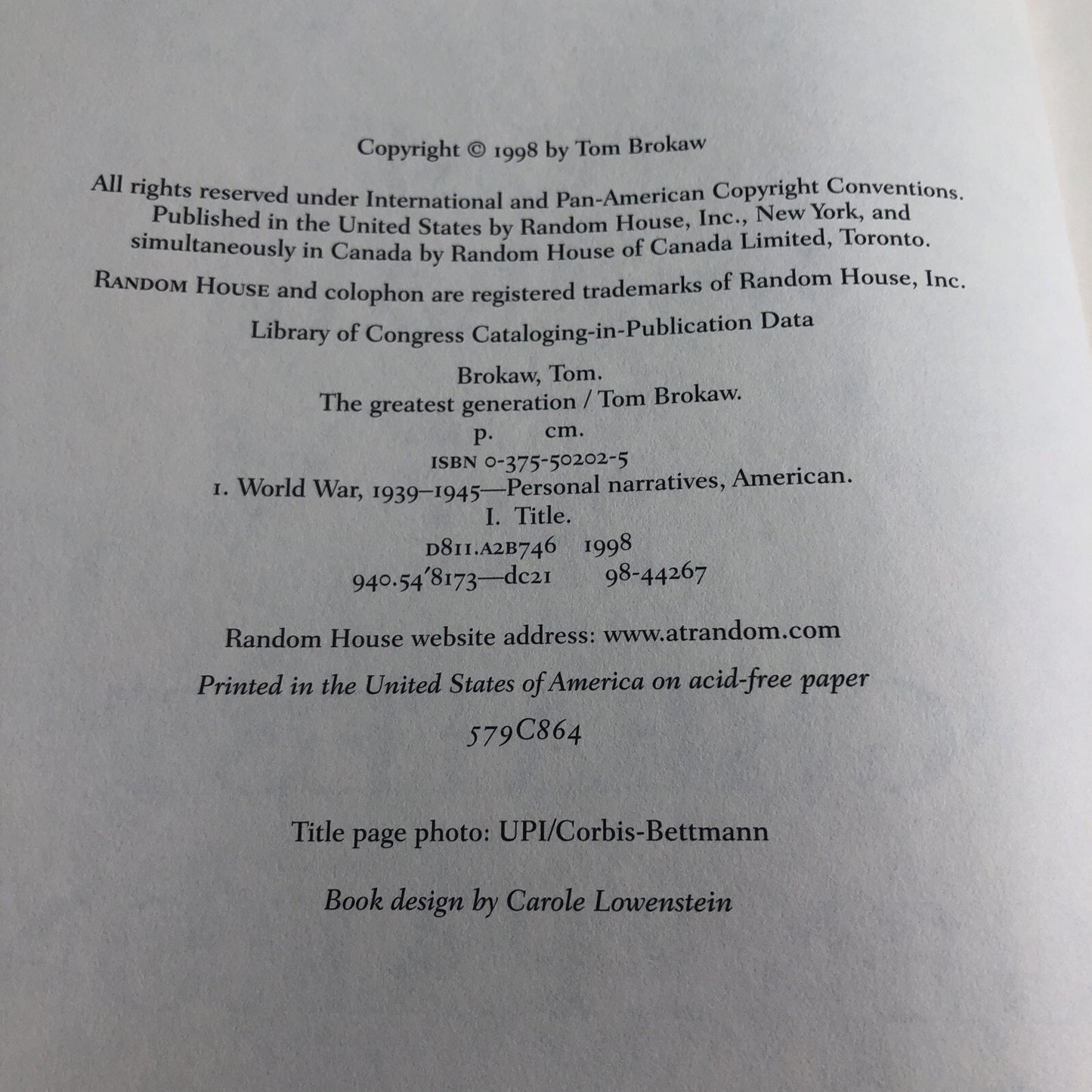 The Greatest Generation by Tom Brokaw 1998 Hardcover Dust Jacket Illustrated 1st