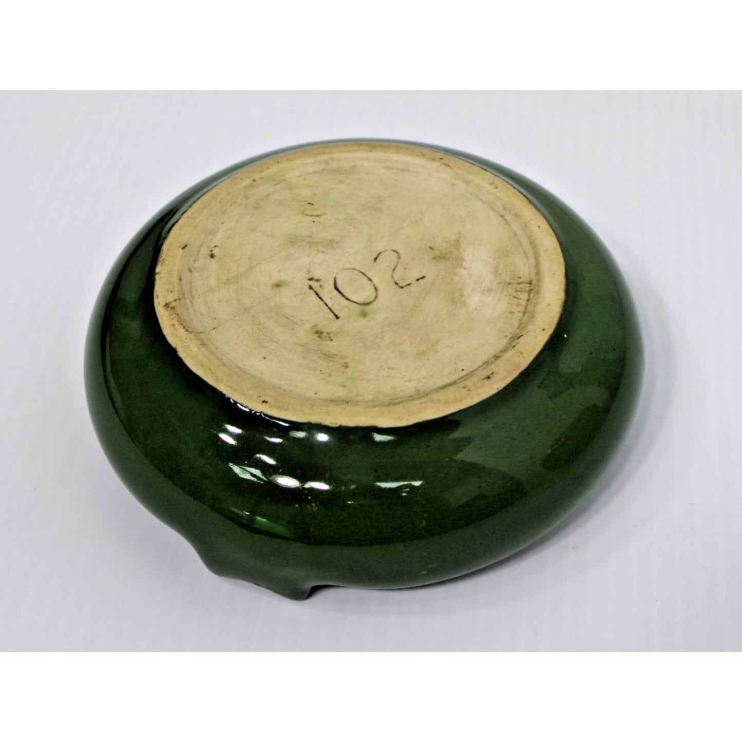 VTG Ashtray 1960s Deep Green Glaze, Ceramic, 6.5" x 2", Stamped 102