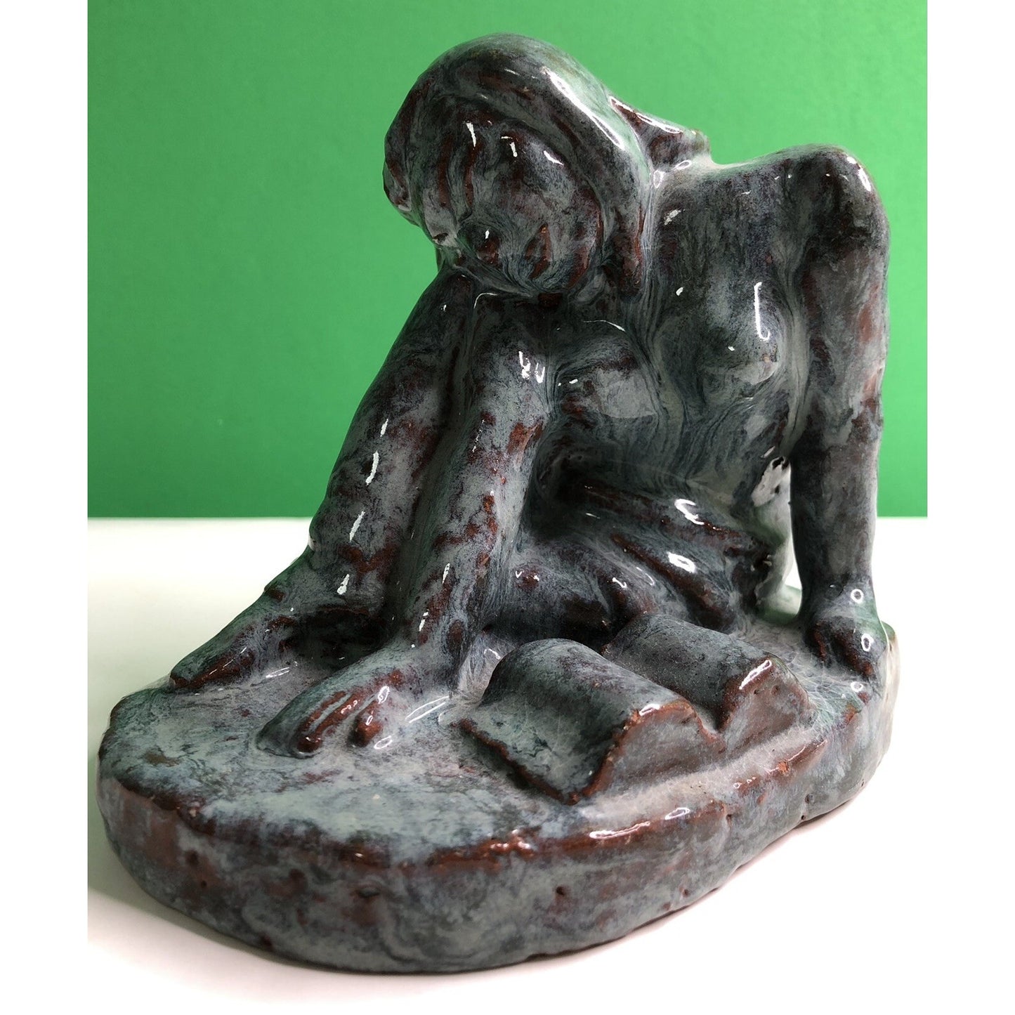 Vintage Blue Glazed Partial Nude Reading Book By Dennell Clay Figurine OOAK