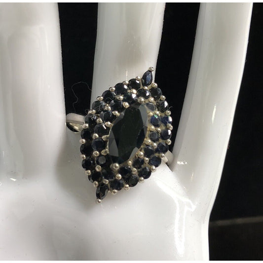 Vintage Sterling Silver Cocktail RING SIZE 9 Black Marquise & Round Stones