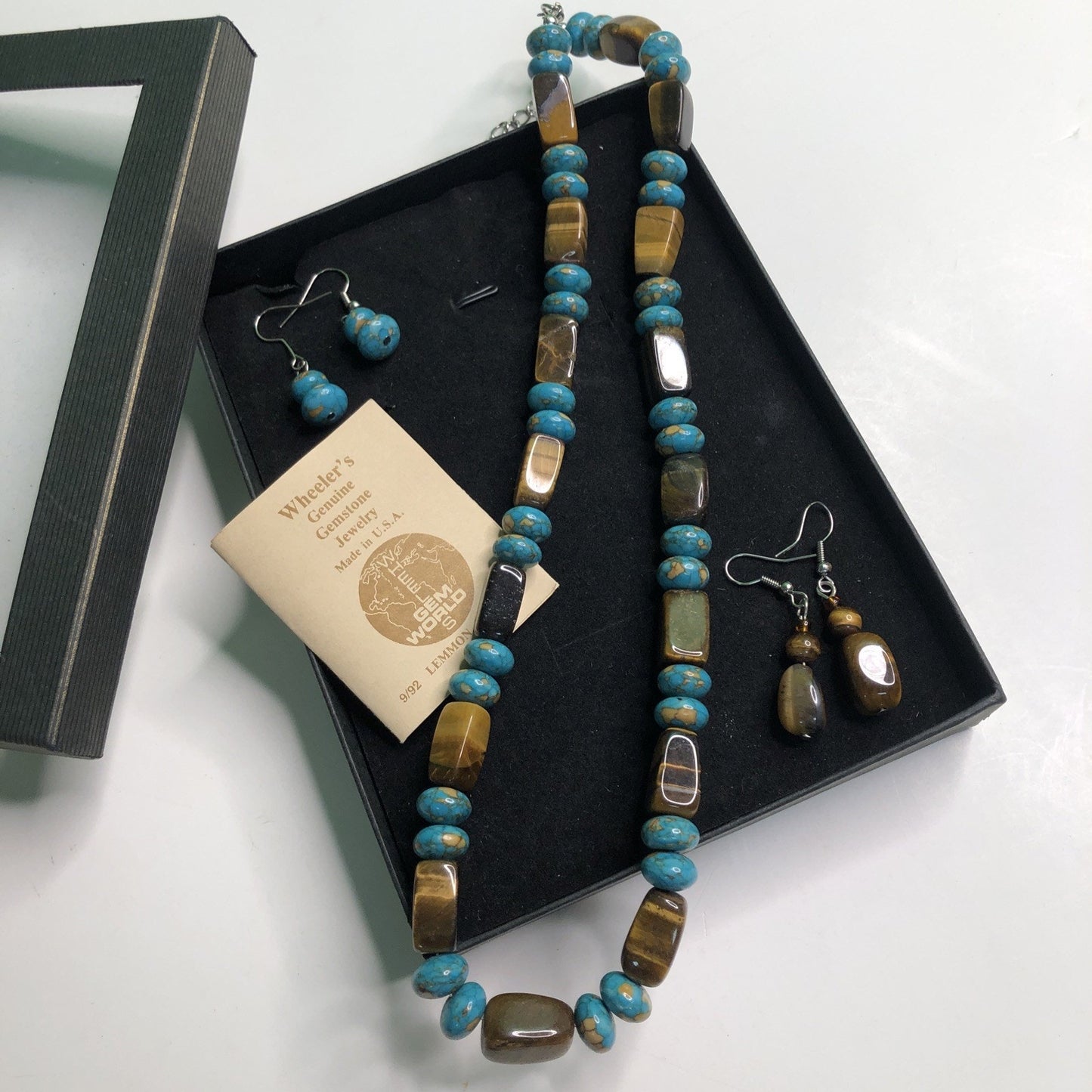 Turquoise & Tigereye Necklace + 2 Pair Earrings Wheeler’s Genuine Gemstone Jewel