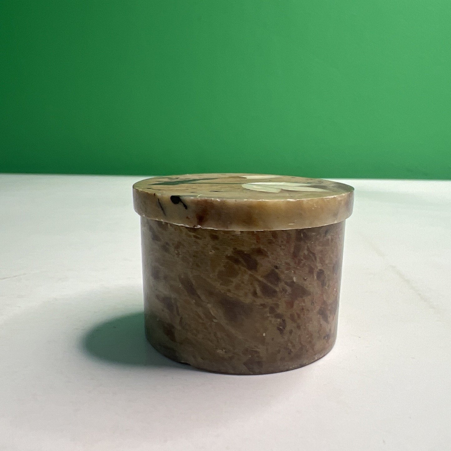Carved Soapstone Small Inlaid Round Box Trinket Vanity Natural Stone with Lid
