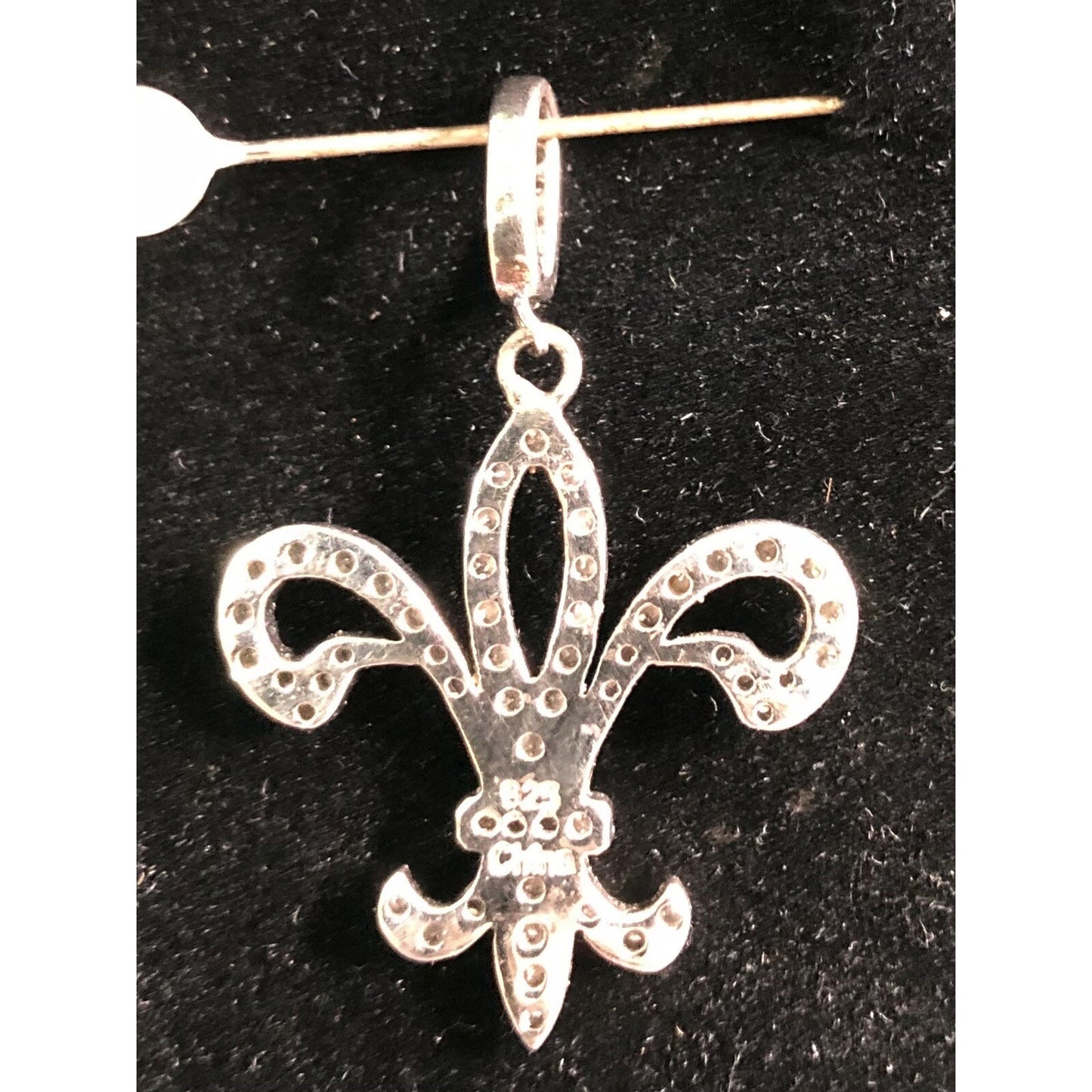 Vintage FLEUR DE LIS Pendant Sterling Silver .925 Rhinestones