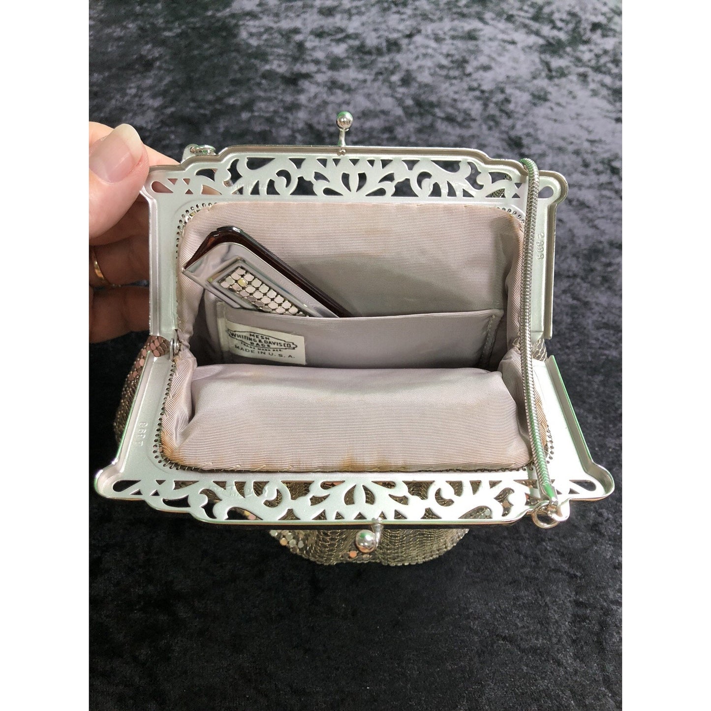 Vintage Set Whiting & Davis Silver Mesh Purse Kiss Lock w/ Box & Folding Comb
