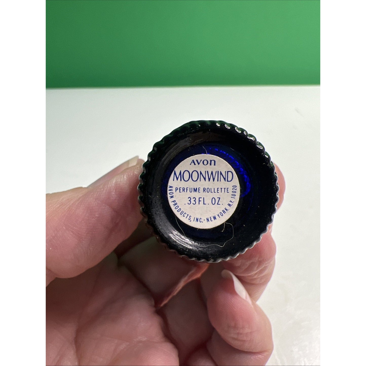 Vintage 1970's Avon Moonwind Perfume Rollette Navy Blue Bottle .33 oz Full