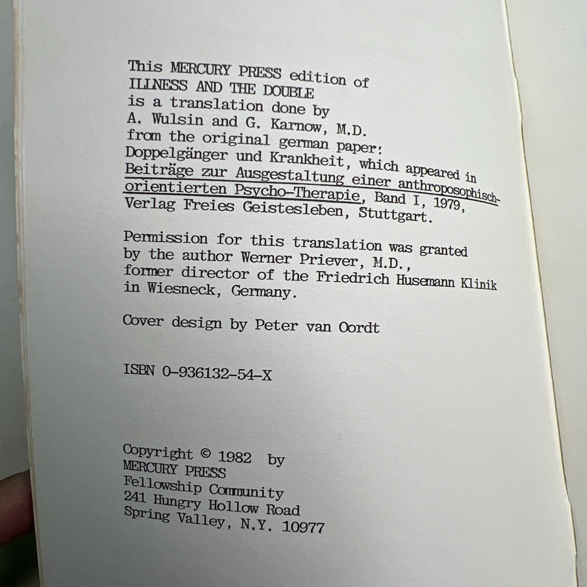 Illness and the Double Werner Priever M.D. PB 1982 Mercury Press Psych Reference