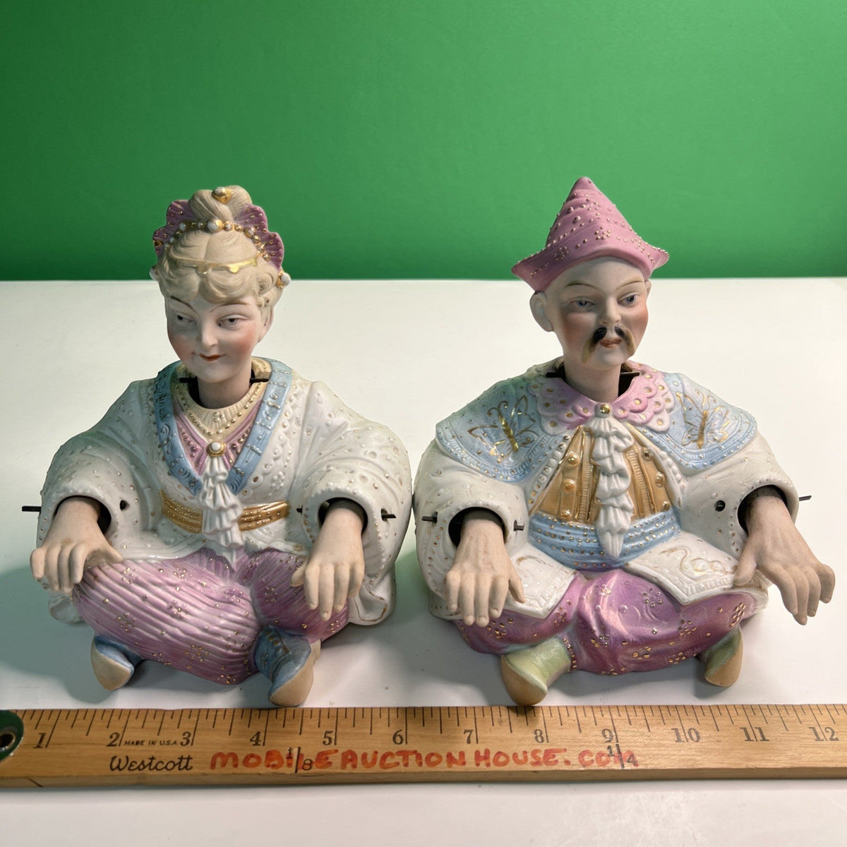 Vintage Pair of European Bisque Chinese Male & Female Nodders Pink Blue Gold
