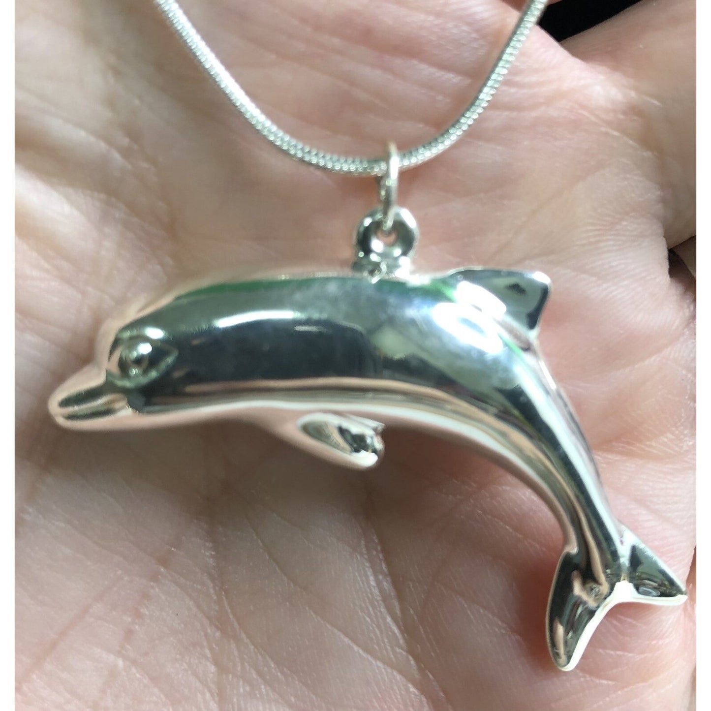 Sterling Silver 24” Snake Chain Large Dolphin Pendant & Hook Earrings Set