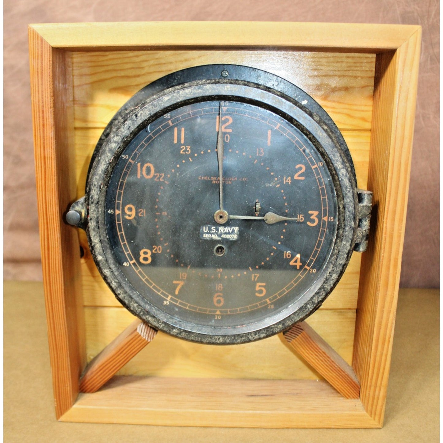 Antique U.S. Navy Ship's Clock, Chelsea Clock Co, Boston, 1908, Custom Display