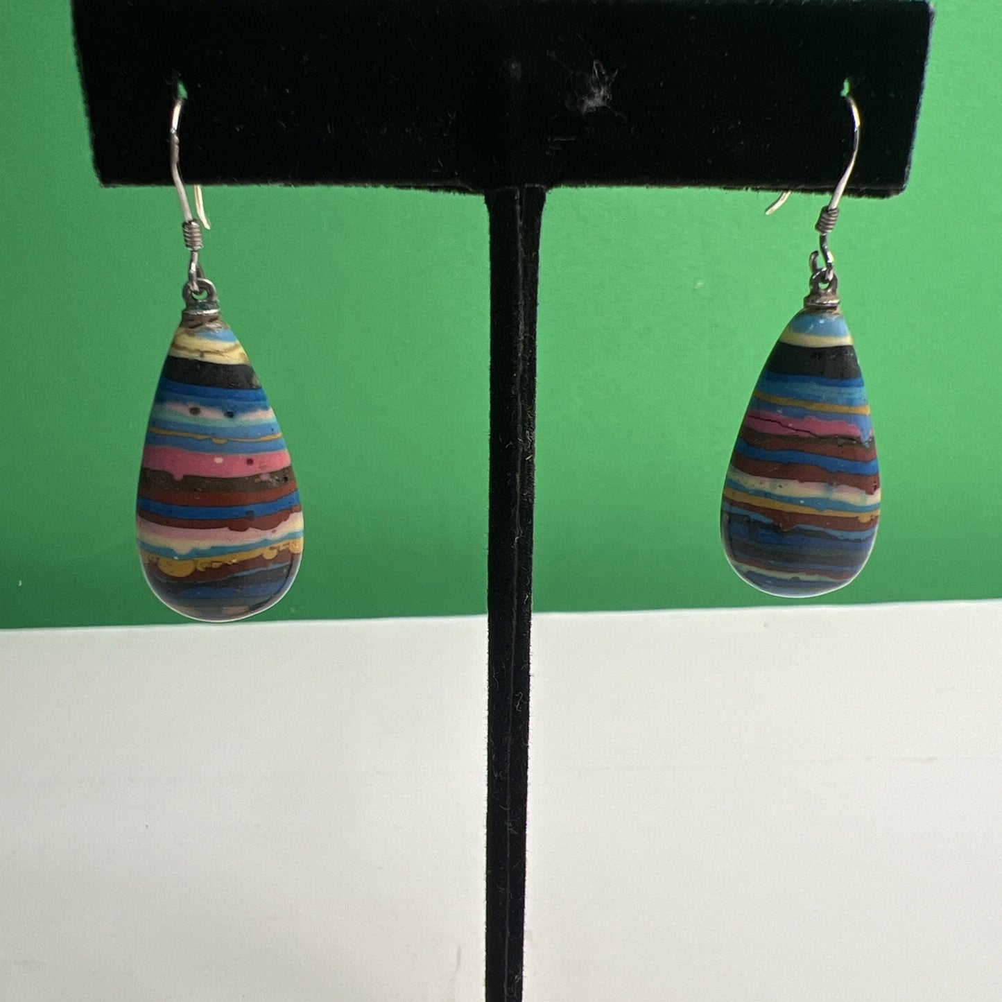 Vintage Rainbow Calsilica Teardrop Shaped Dangle Pierced Earrings Bohemian