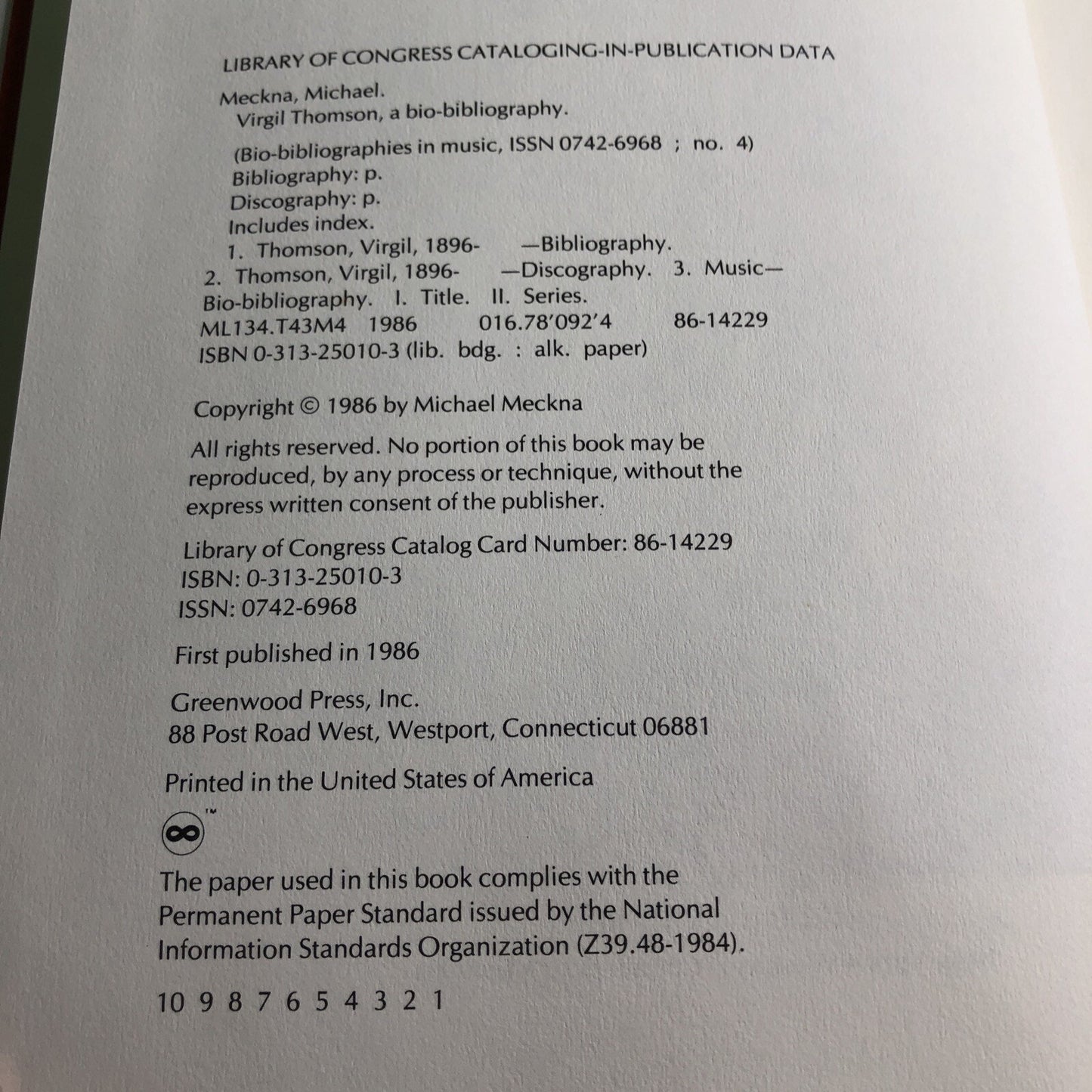 Virgil Thomson: A Bio-Bibliography by Michael Meckna (English) HC Music 1986