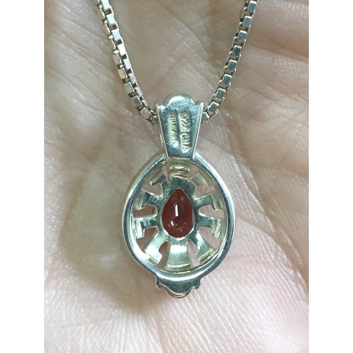 Vintage Garnet Sterling Silver Pendant Necklace Box Chain January Birthstone