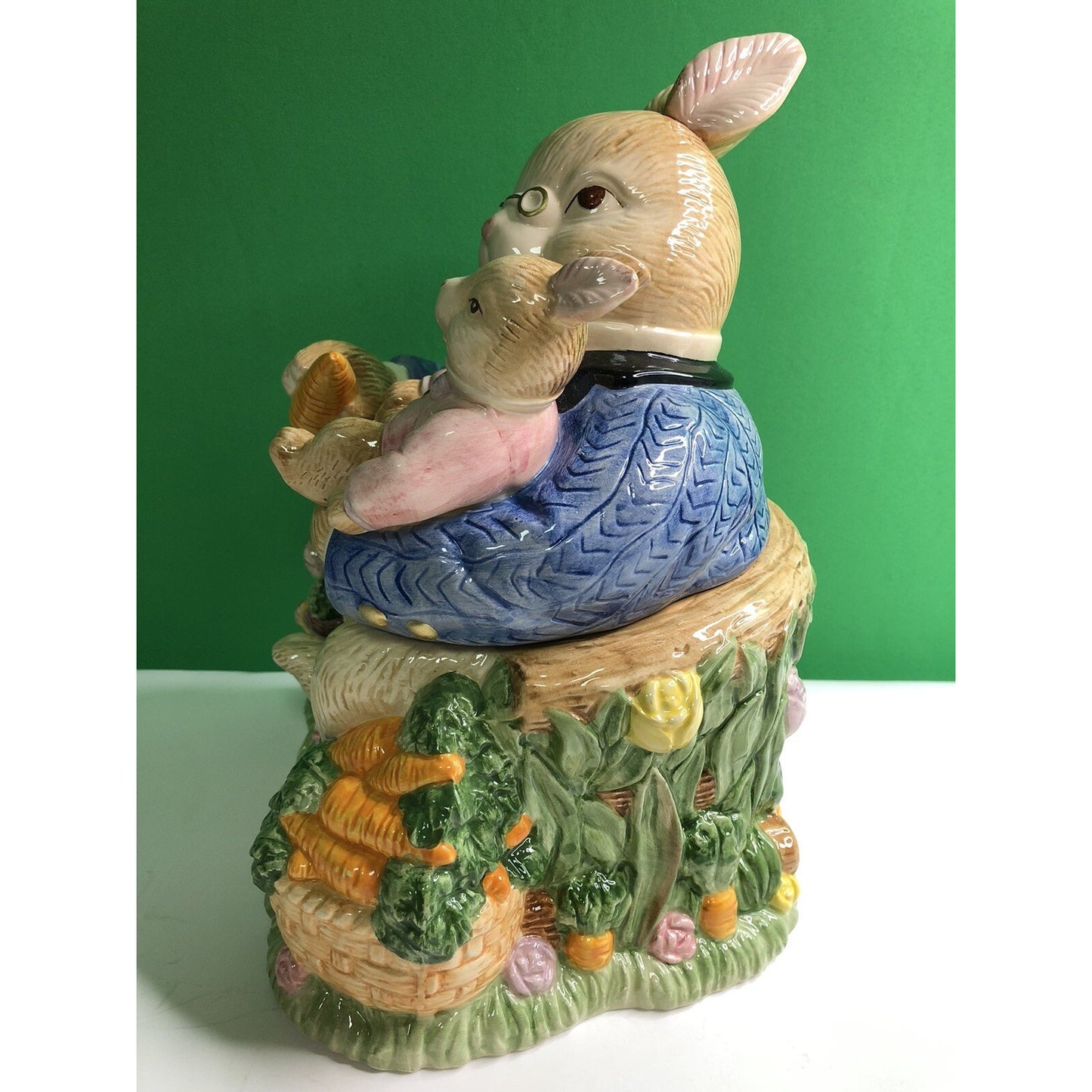 1993 FITZ & FLOYD Omnibus Devonshire GRANDPA RABBIT Cookie Jar Spring Bunny