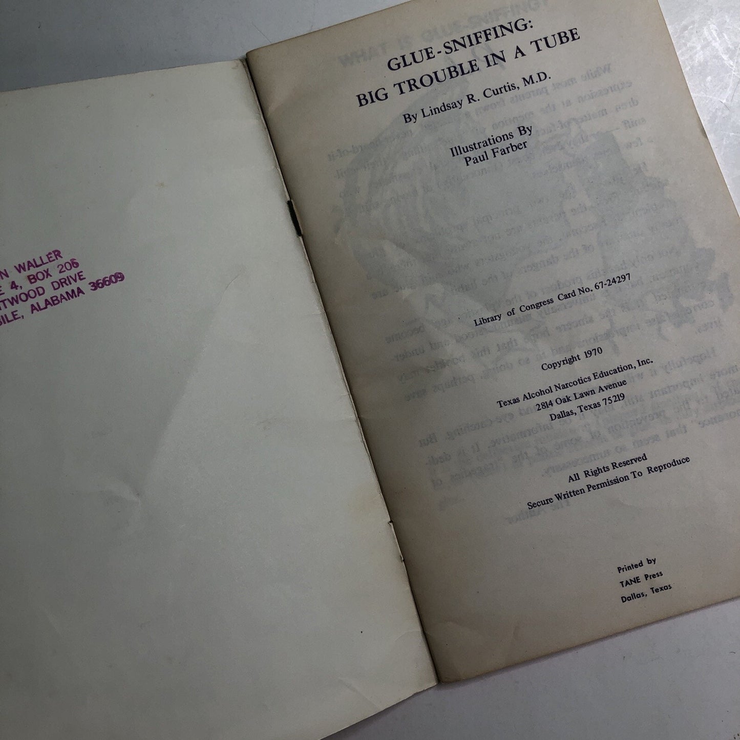 1970 GLUE SNIFFING Illustrated Booklet Texas Alcohol Narcotics Education Curtis