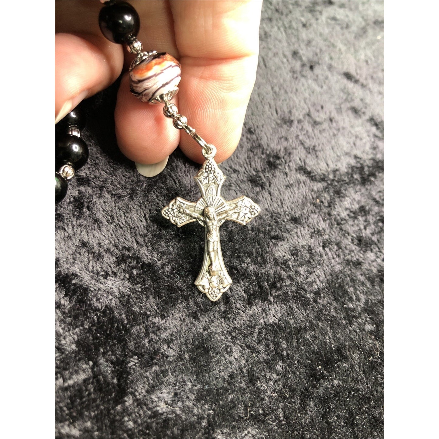 Small Auto Pocket Rosary Glass Beads Italian Charm Cross 7” Long