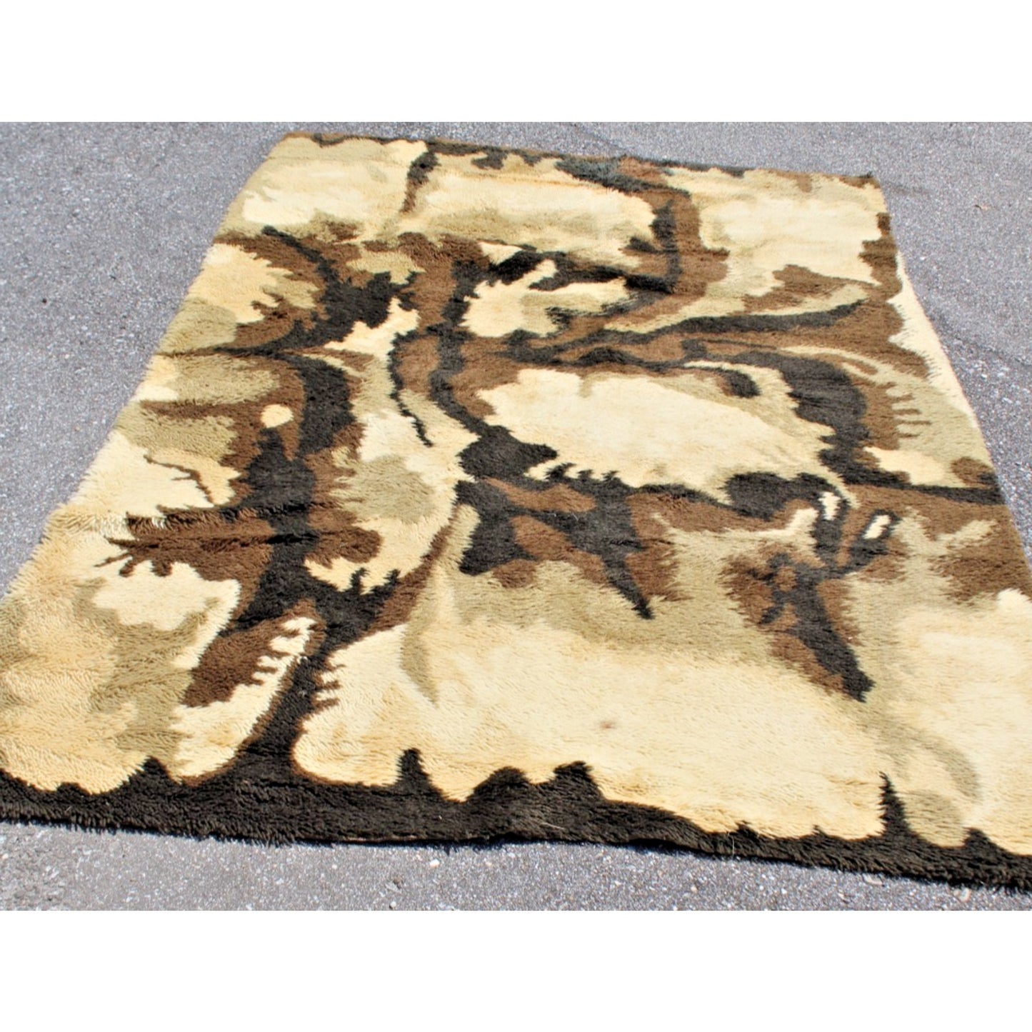 1970s Danish Modern Wool Rug by Ege Rya- 6' x 9' Tan Brown Shag Abstract Groovy