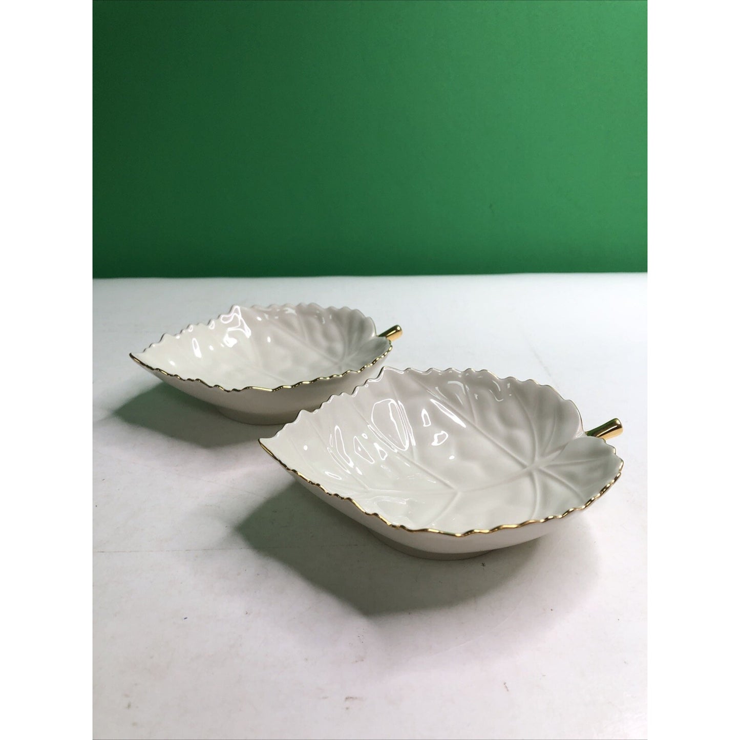 Set of 2 Lenox Leaf Trinket Candy Dish Aspen Maple Woodleaf 24k Gold Trim