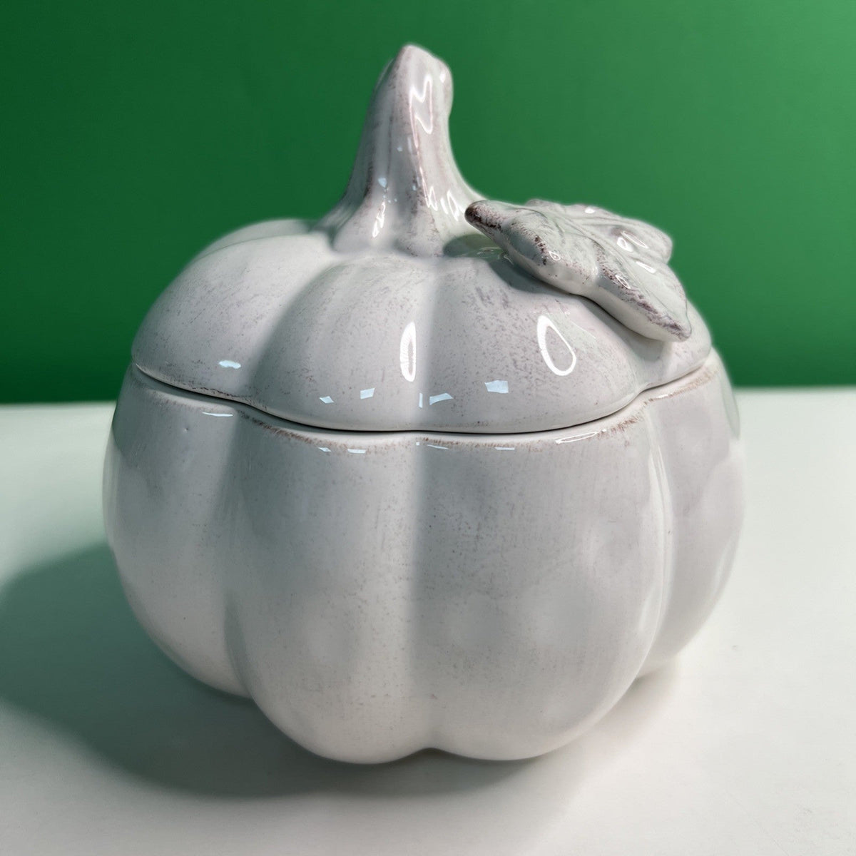 Pier 1 Hand Painted Dolomite Ceramic White Pumpkin Candy Dish W/Lid Distressed