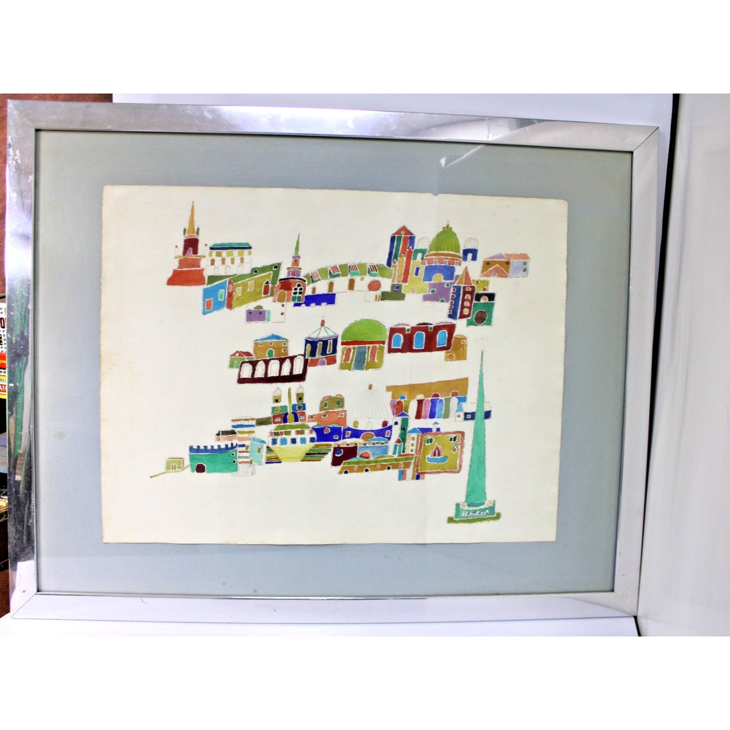 Large Primitive Watercolor "Village Home" by Clara Shepard, Willoughby Institute