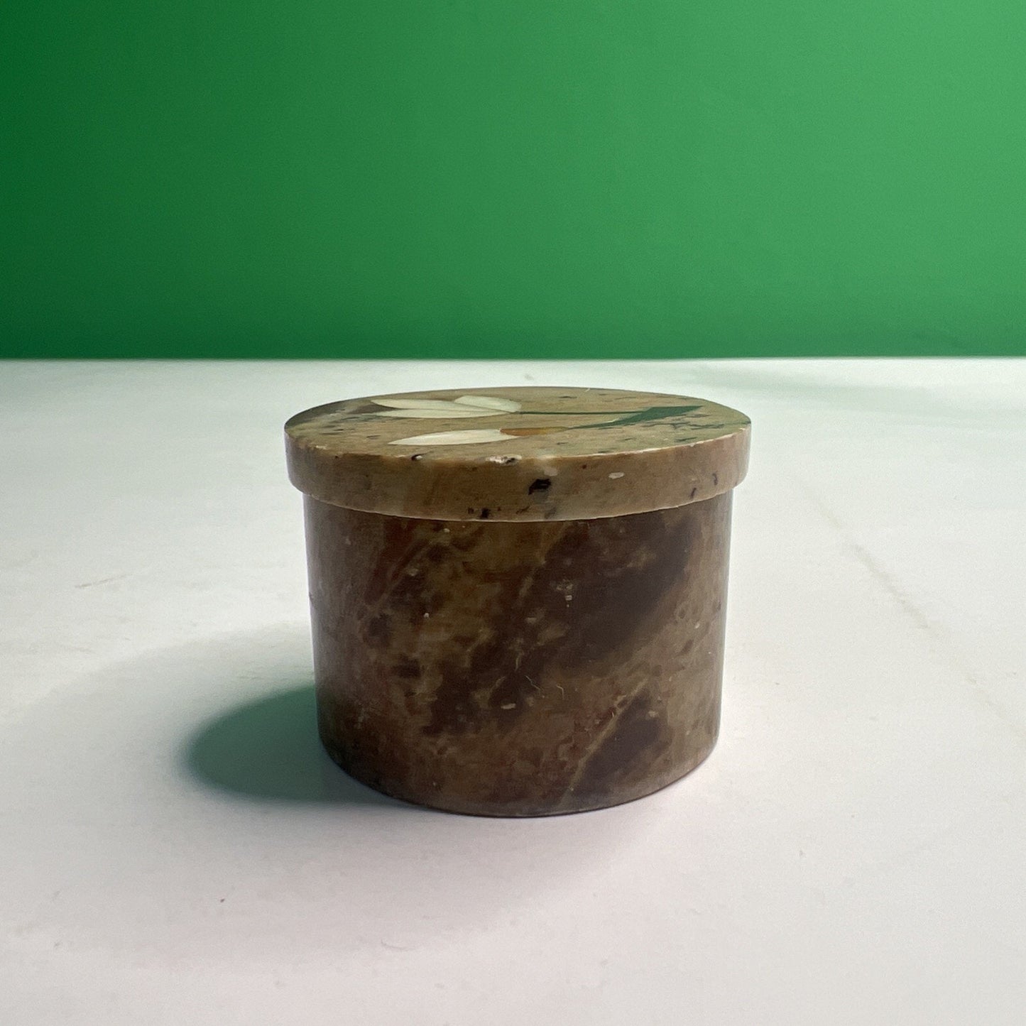 Carved Soapstone Small Inlaid Round Box Trinket Vanity Natural Stone with Lid