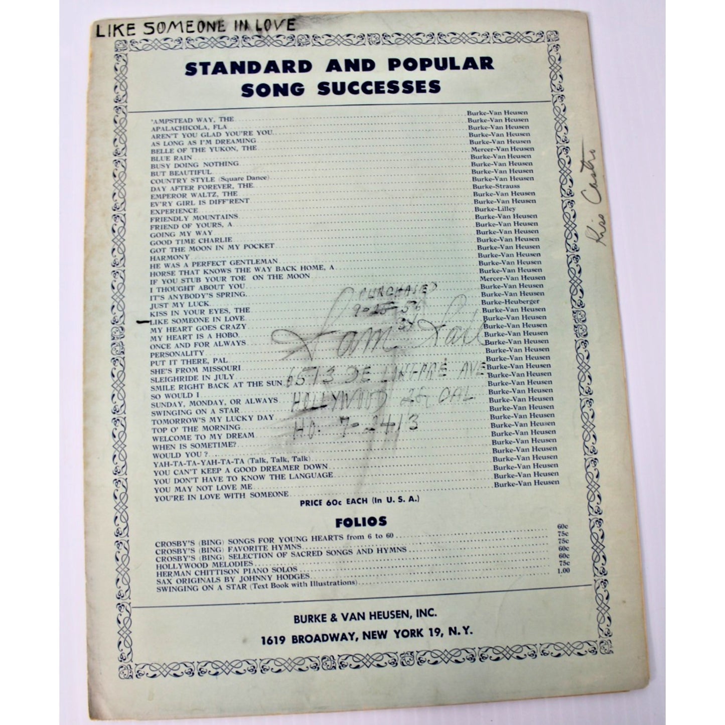 4 Vintage Pc. Sheet Music, Signed & Dated Hollywood, CA, 1950s, Professional