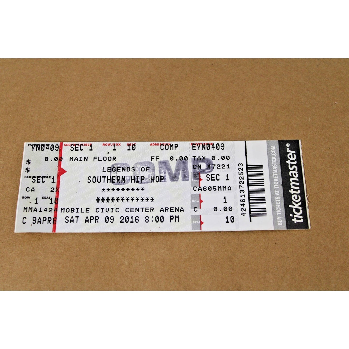 Legends of Southern Hip Hop Ticket Stub, 2016 Mobile, Alabama Set List