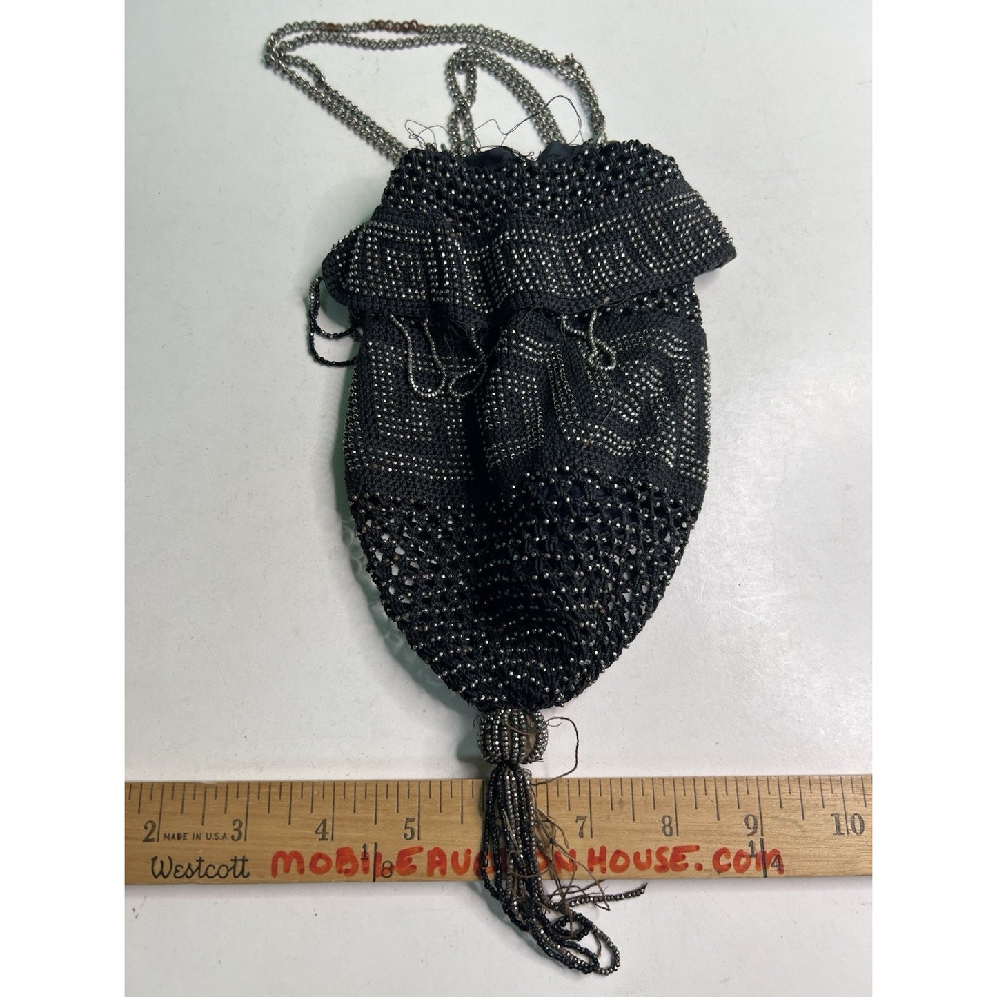 Antique Black & Silver Steel Bead Fringe Flapper Purse Greek Key NEEDS REPAIR