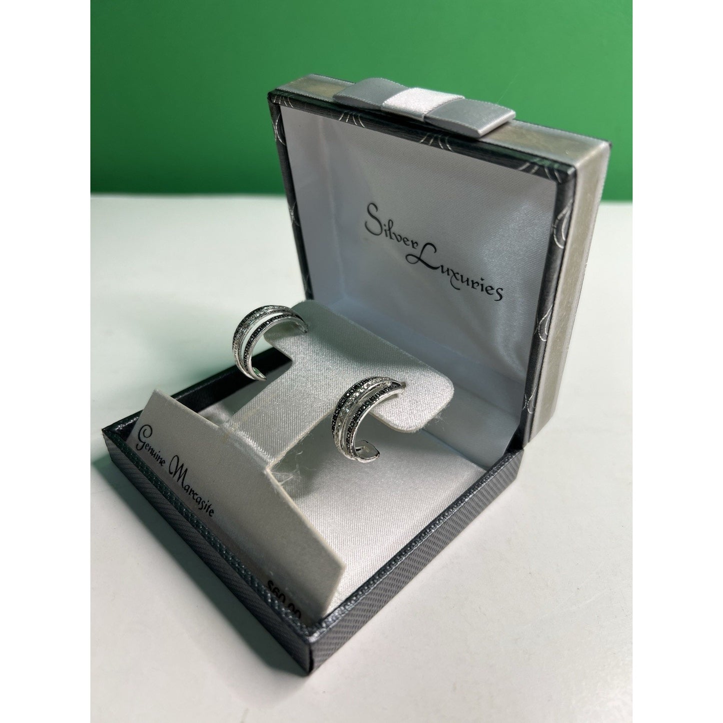 Silver Luxuries Silver Plated Hoop Earrings Genuine Marcasite New In Box