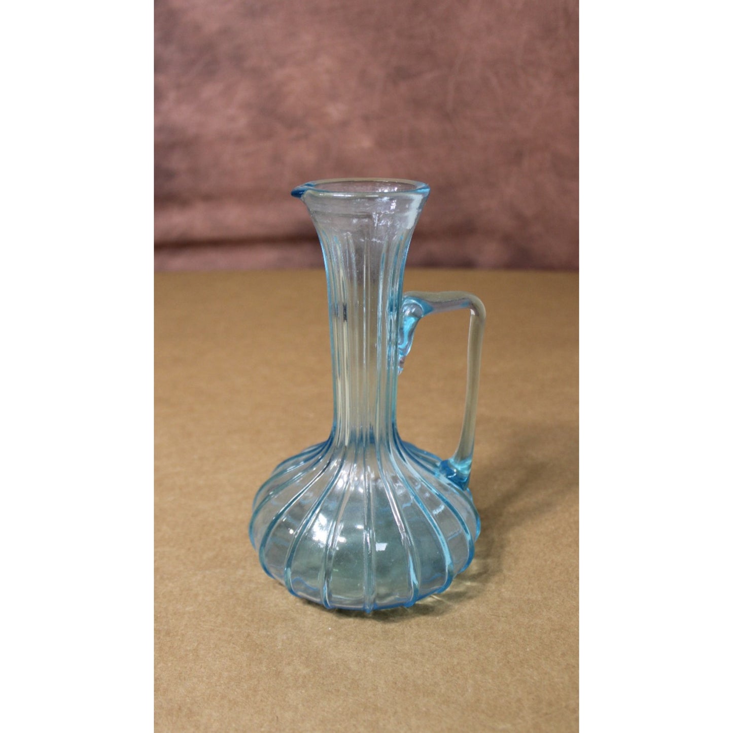 Vintage Aqua Fluted Glass Pitcher/ Bud Vase, 7.5" H Mid-Century Mod Unique MCM