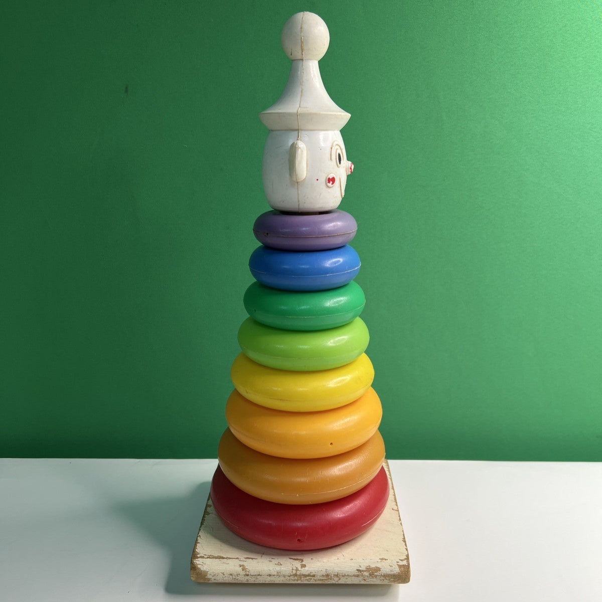 1960's a "Teach-A-Tot" Toy Wood Rocking Rainbow Stacking Plastic Donuts Clown