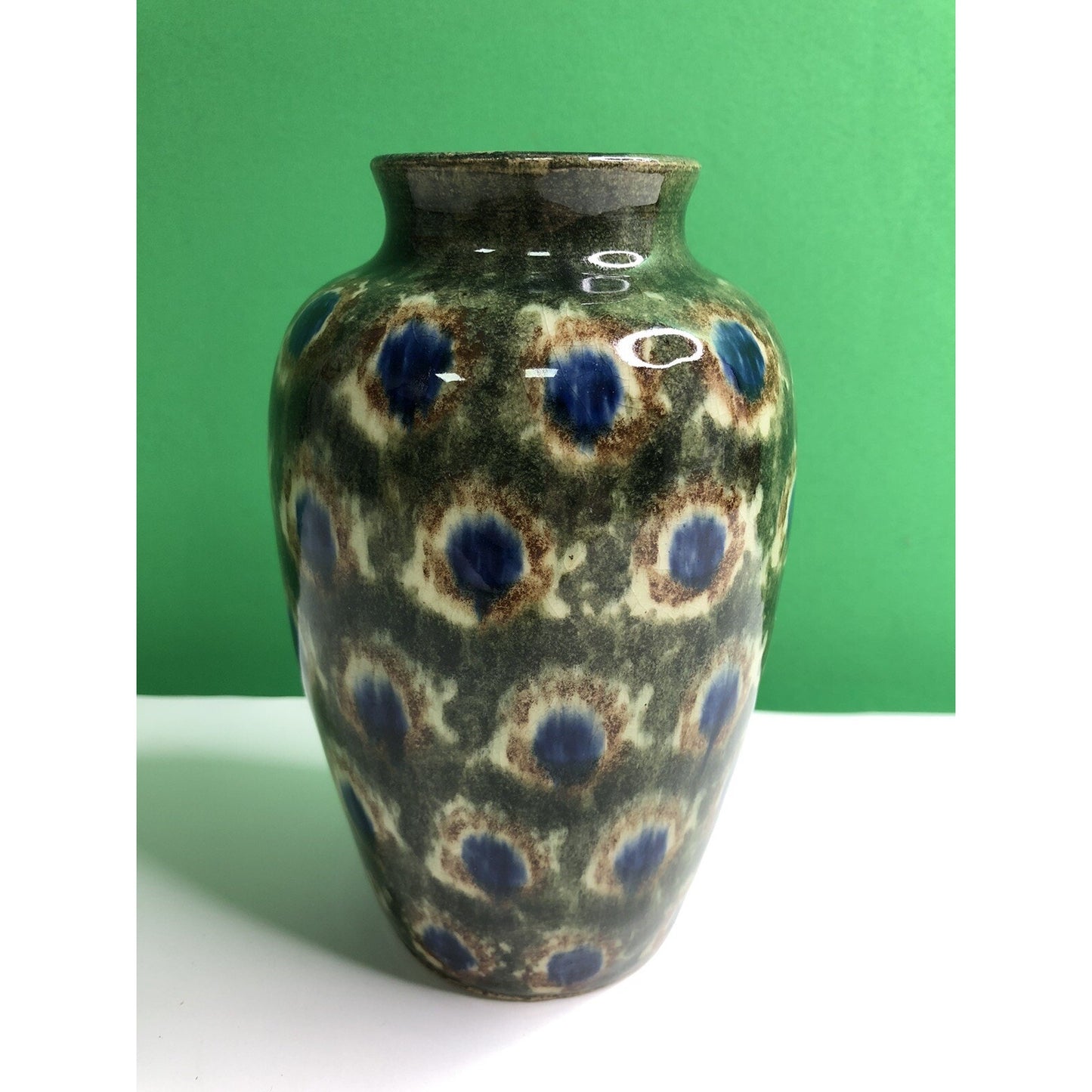 Early 1900s Antique FRIEDRICH FESTERSEN BUNZLAU PEACOCK Studio Art POTTERY VASE
