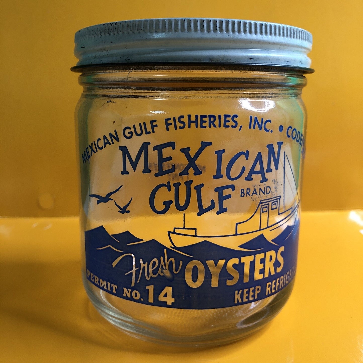 Rare Mexican Gulf Fisheries Pint Oyster Jar & Lid Coden Alabama ALA AL