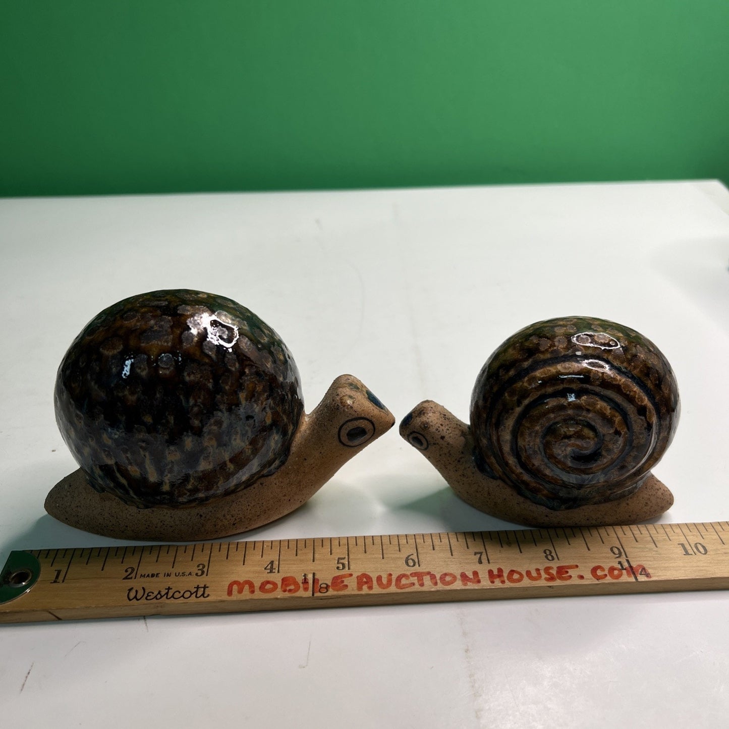 Lot 2 Pair Mexican Pottery Snails Marked Made in Mexico Snail Mottled Glazed