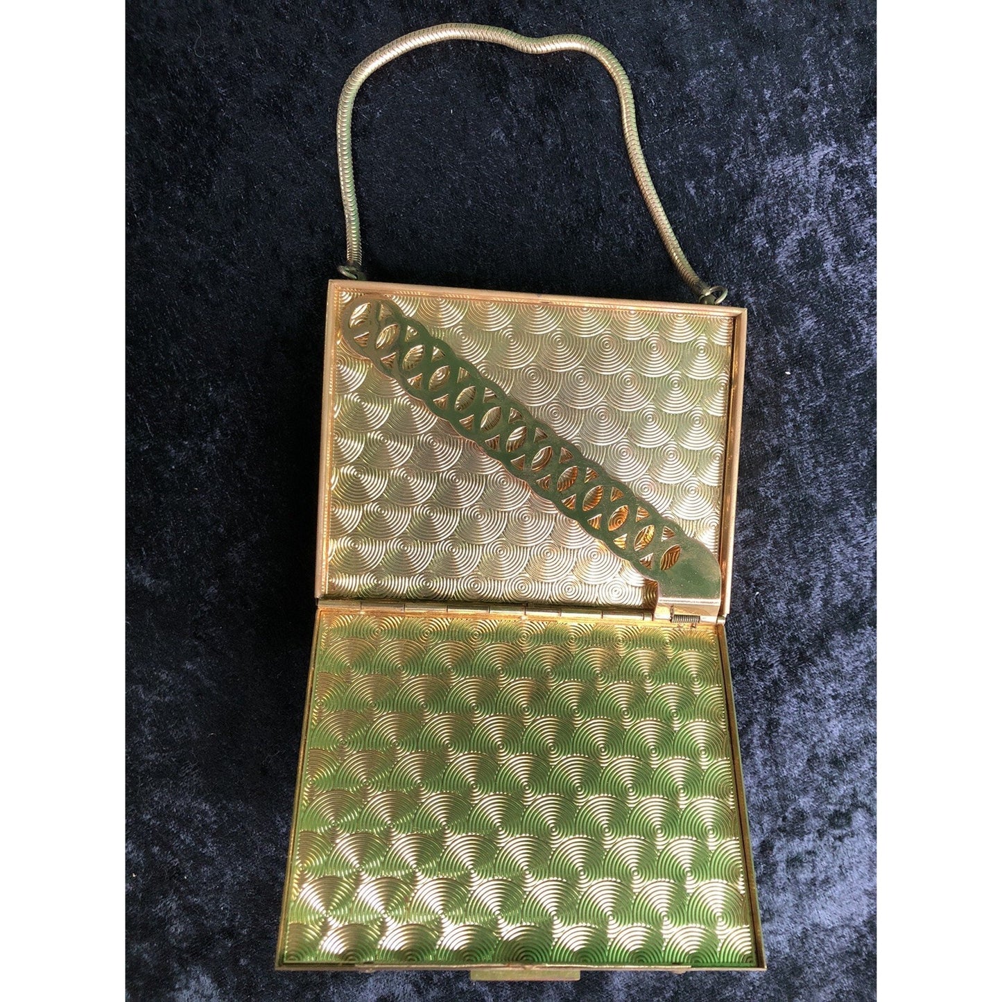 Vintage Minaudiere Metal Box Purse W/ Powder Lipstick Comb Mirror Evening Bag